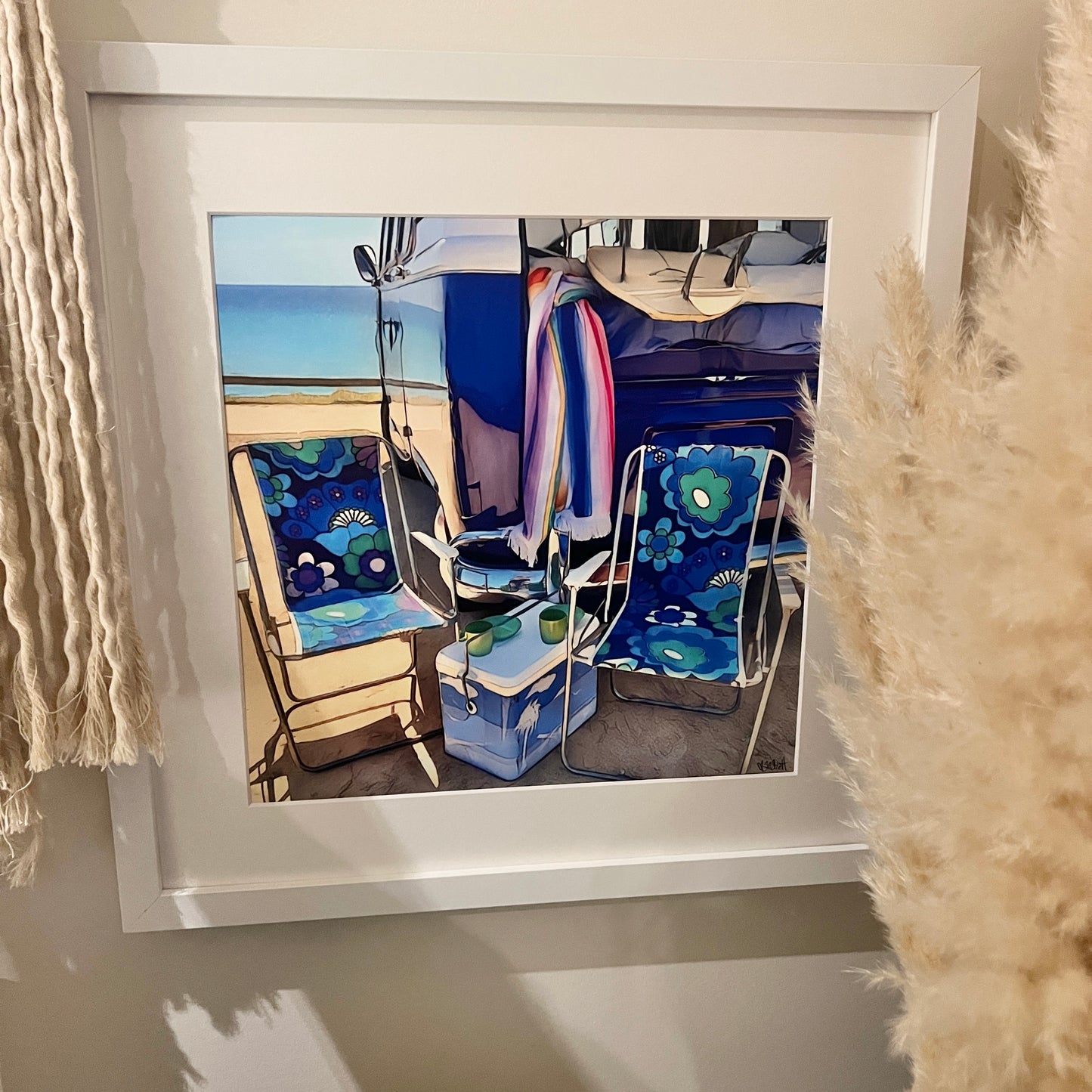 60’s Flower power chairs next to Kombi retro framed print