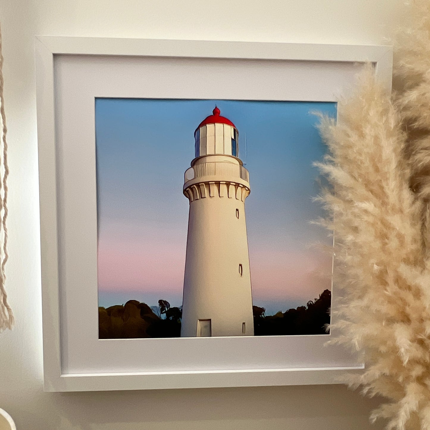 Cape Schanck lighthouse with a pastel sky behind it at dusk print In white mat with white frame