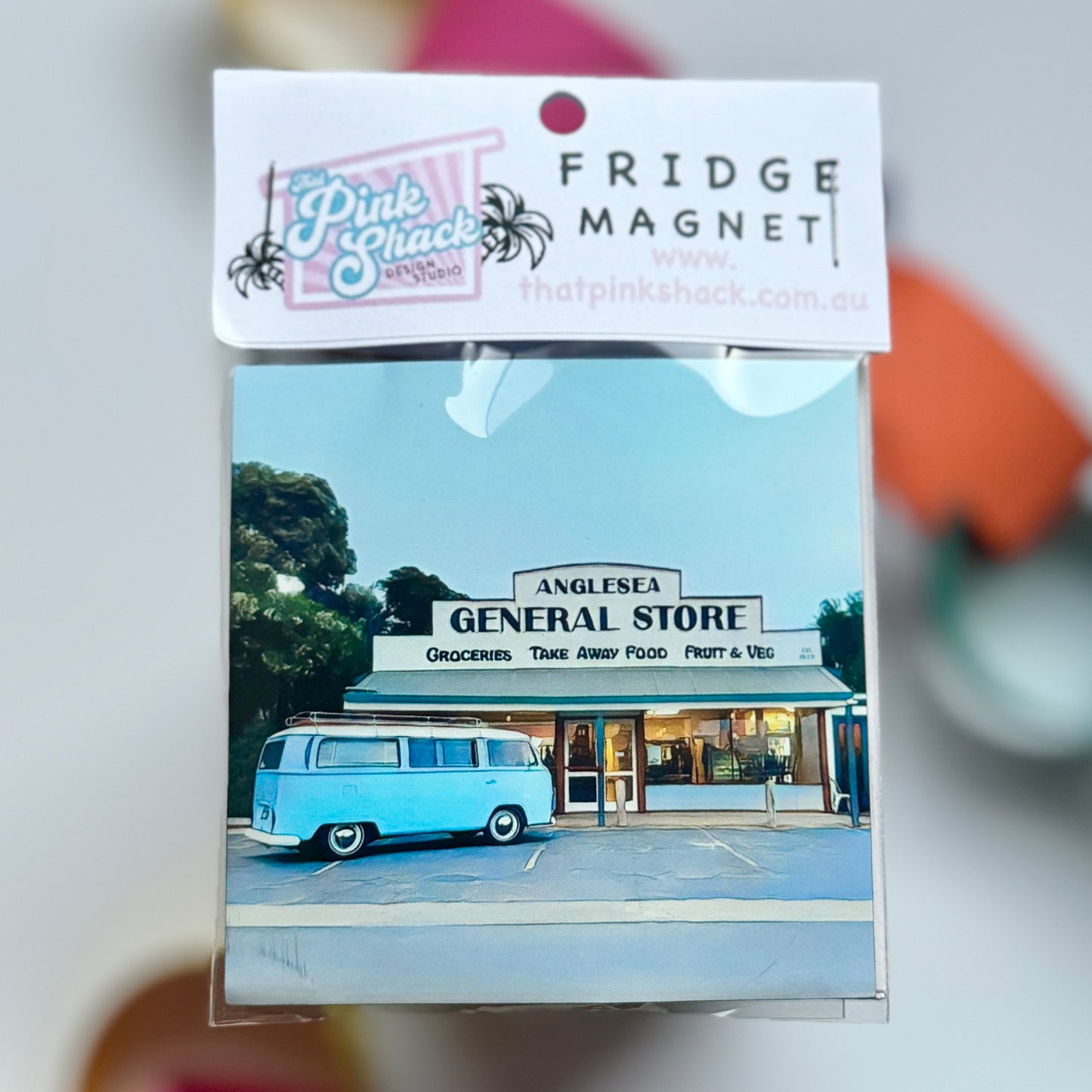 A classic Vw Kombi parked outside the iconic Anglesea General Store, Surf Coast, Victoria Fridge magnet in packaging
