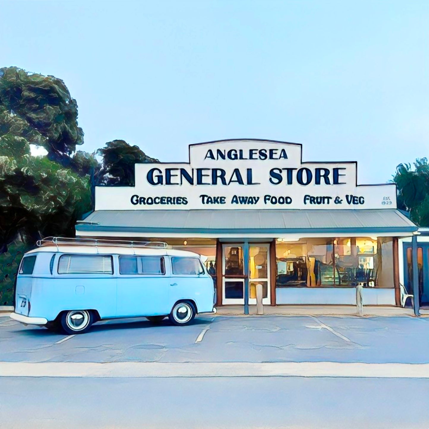 A classic Vw Kombi parked outside the iconic Anglesea General Store, Surf Coast, Victoria fridge magnet