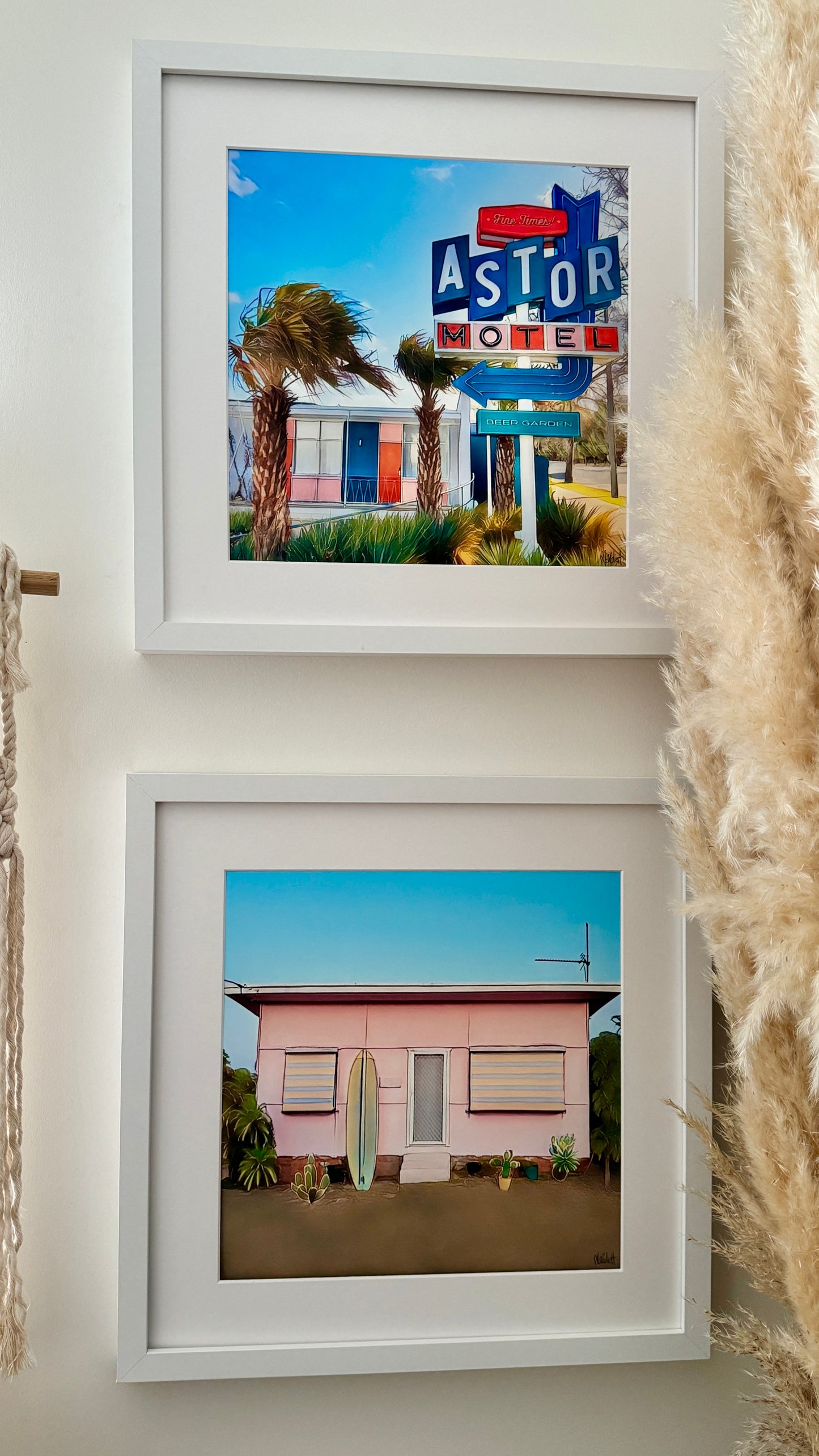 40cm x 40cm prints of the astor motel and pink surf shack in mat with white frame