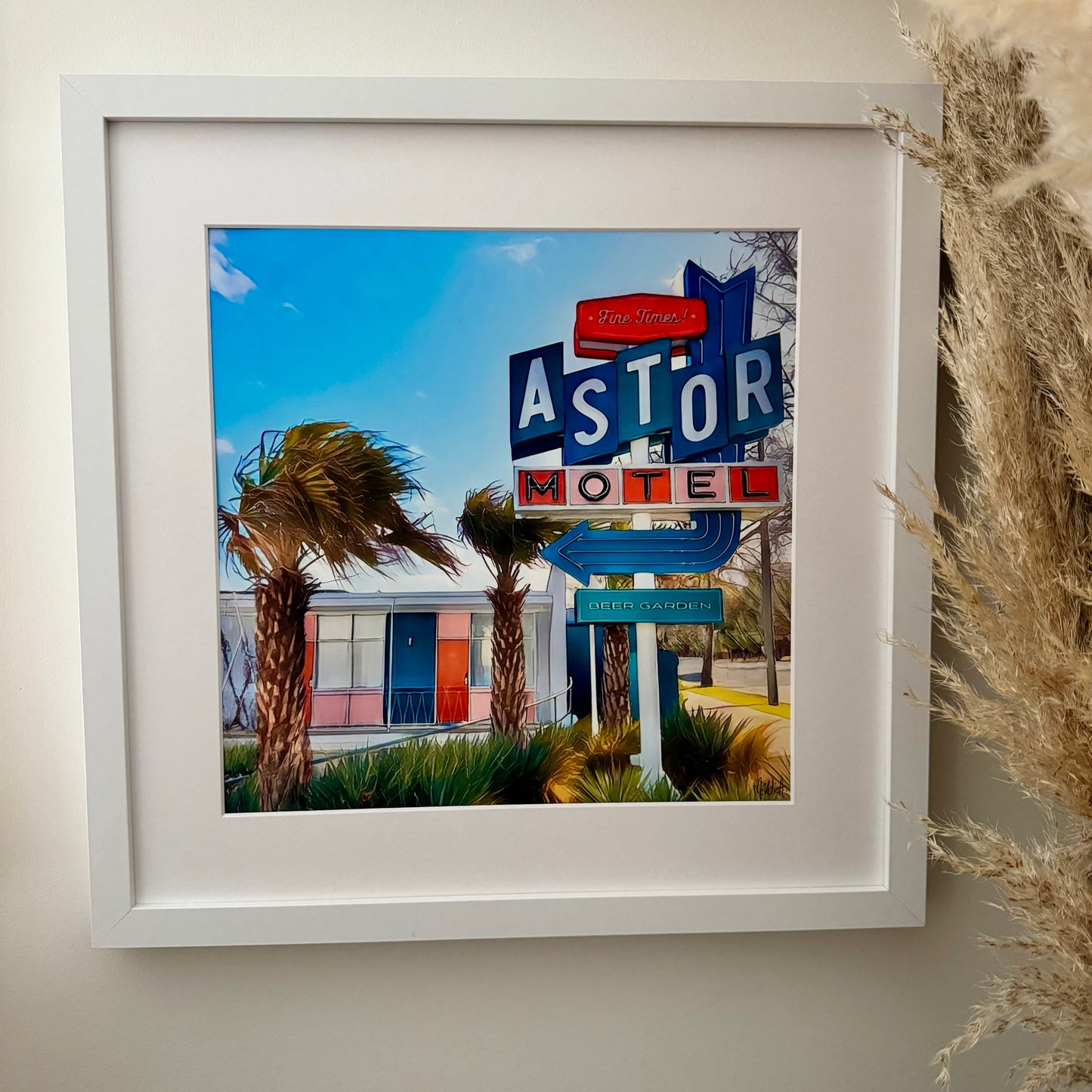 40cm x 40cm print of Astor motel in mat and white frame