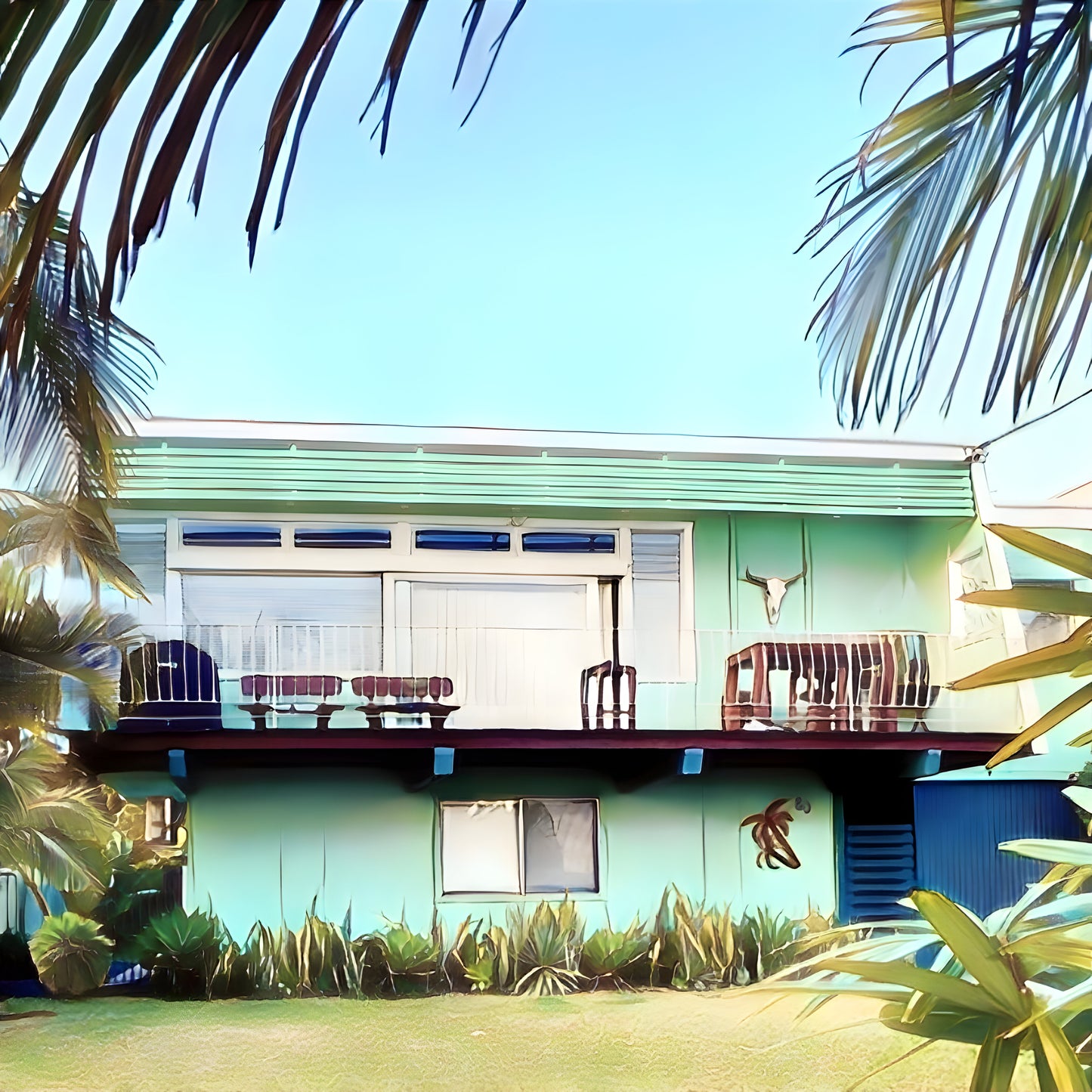 Green Retro beach house print