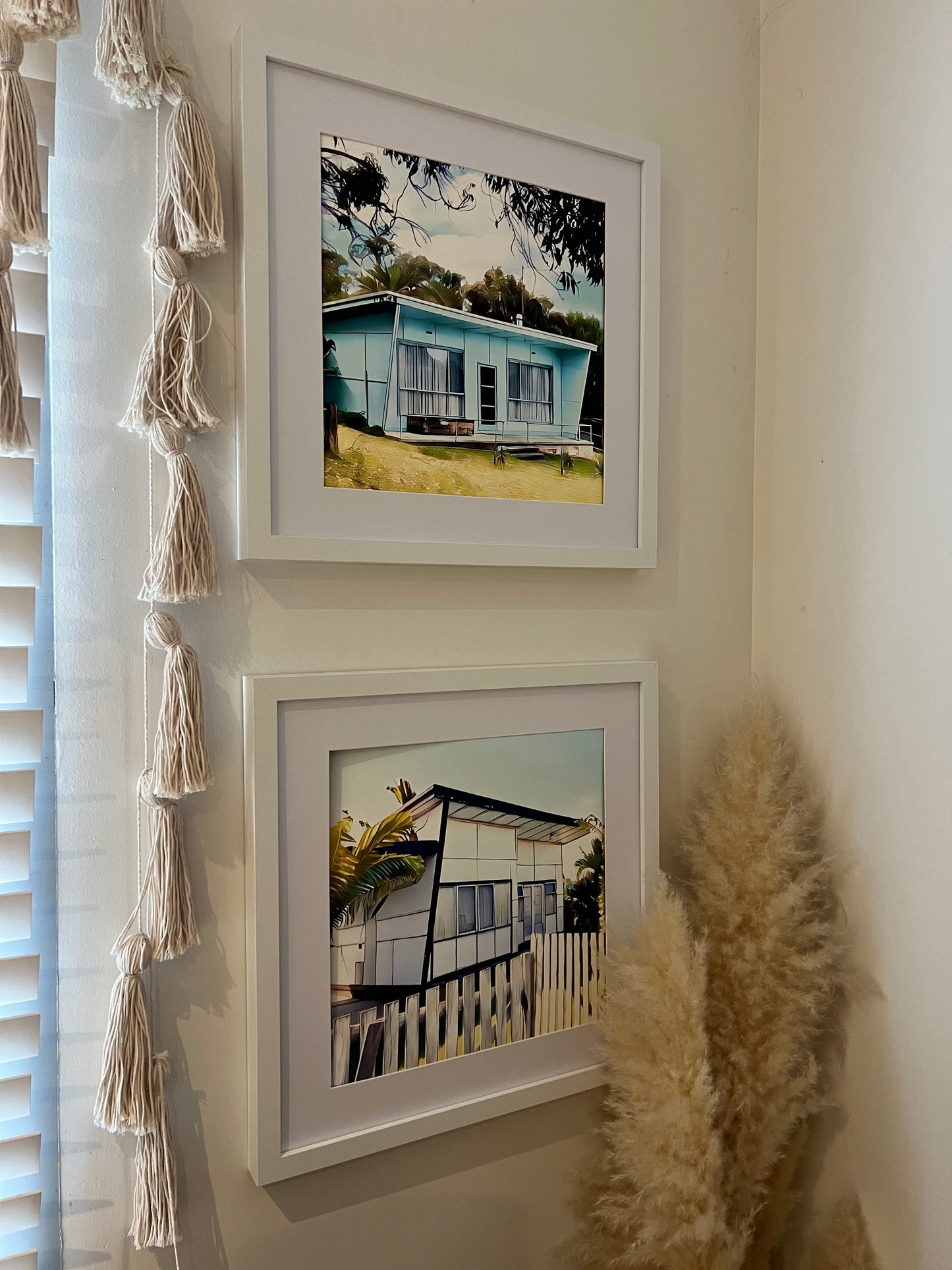 Framed and matted print picture Waratah bay and white fibro beach shack
