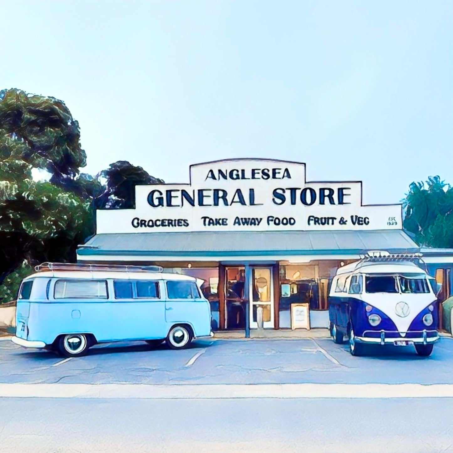 Two classic Vw Kombis parked outside the iconic Anglesea General Store, Surf Coast, Victoria Fridge magnet