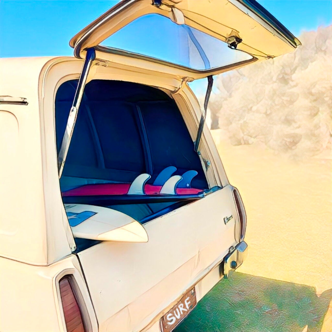 A panelvan parked at the beach with a bunch of surfboards in the back fridge magnet