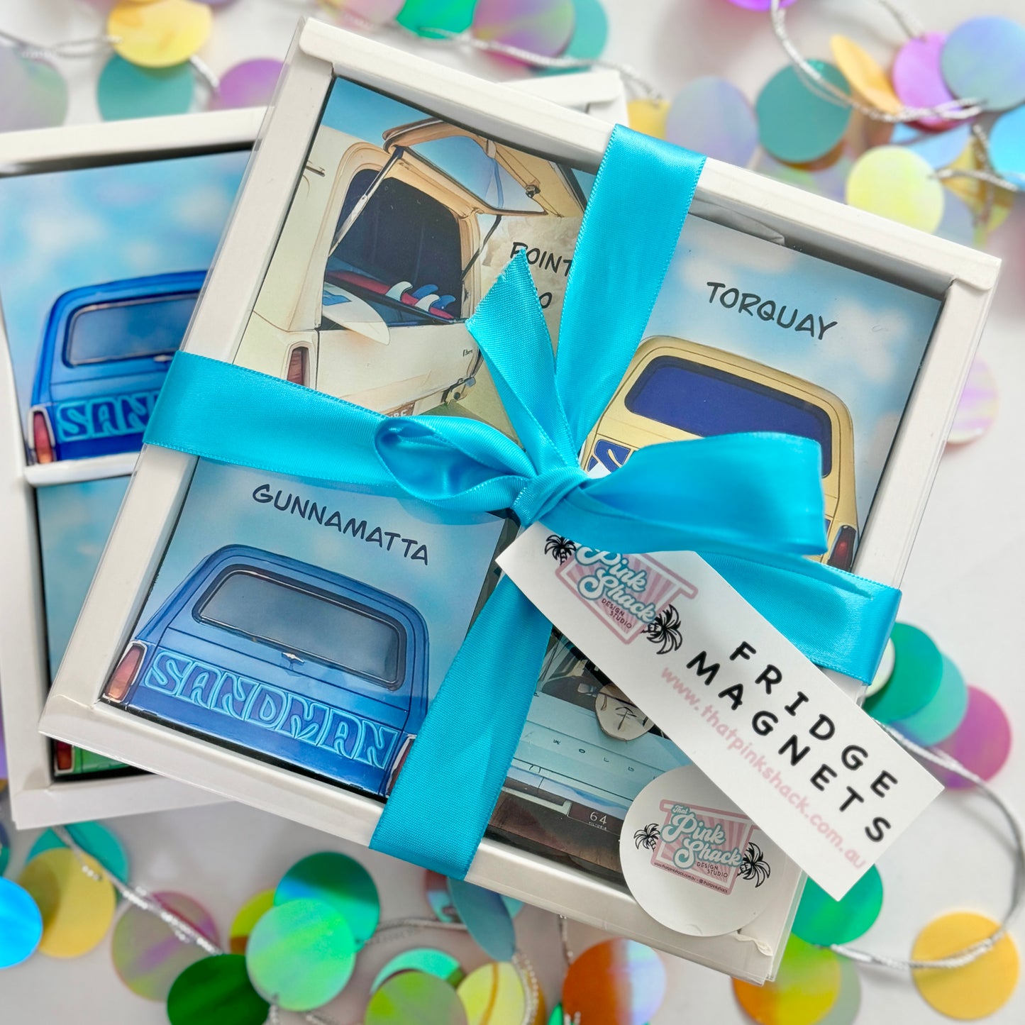 A fun set of classic car related fridge magnets from some fave Victorian surf spots Point Leo, Torquay, Gunnamatta, Barwon Heads in gift box with ribbon