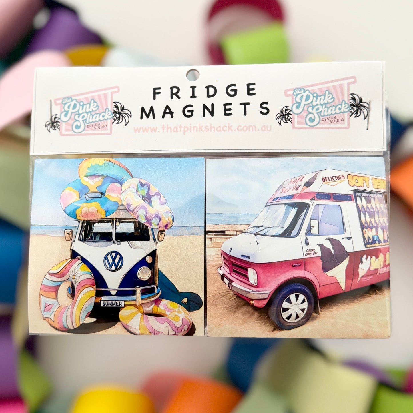 Fridge Magnet Twin Set Kombi on the beach with inflatables Mr Whippy retro icecream van