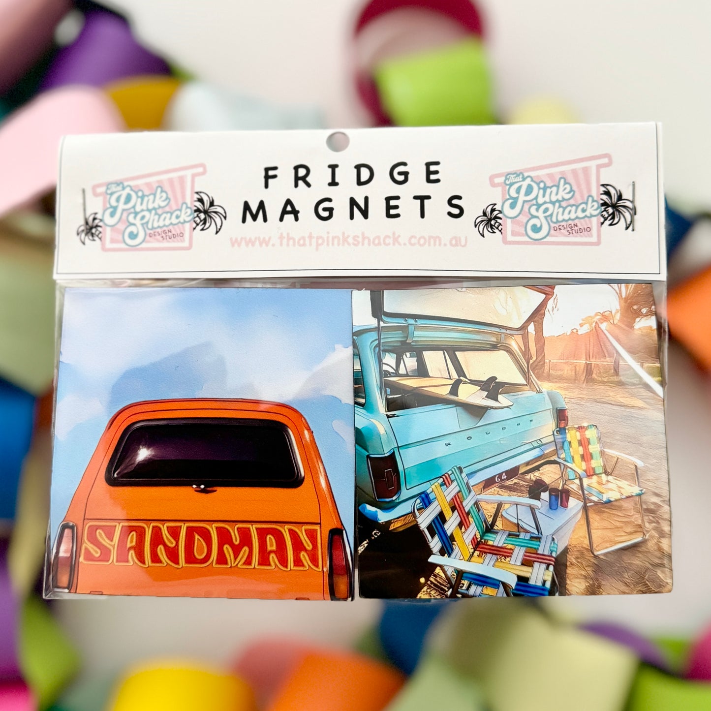 Fridge Magnet Twin Set Orange Holden Sandman panelvan Surfs Up eh Holden with esky and retro camp chairs