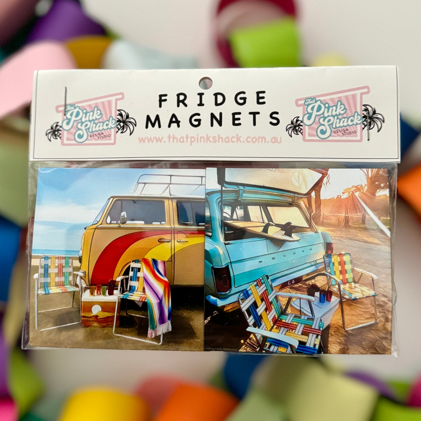 Fridge Magnet Twin Set That 70’s Bus kombi with chairs and esky Surfs Up eh Holden