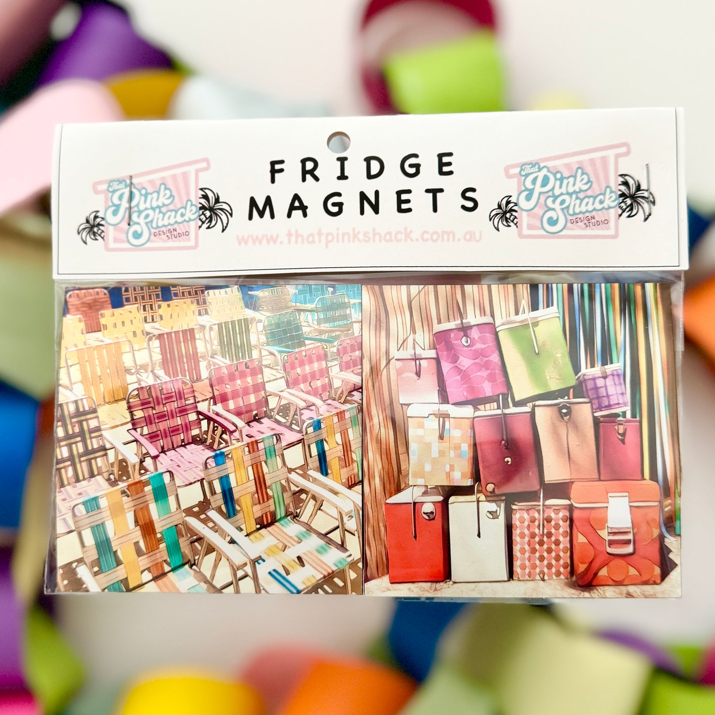 Fridge Magnet Twin Set Thatched retro vintage beach Chairs Be Cool(er) retro eskies