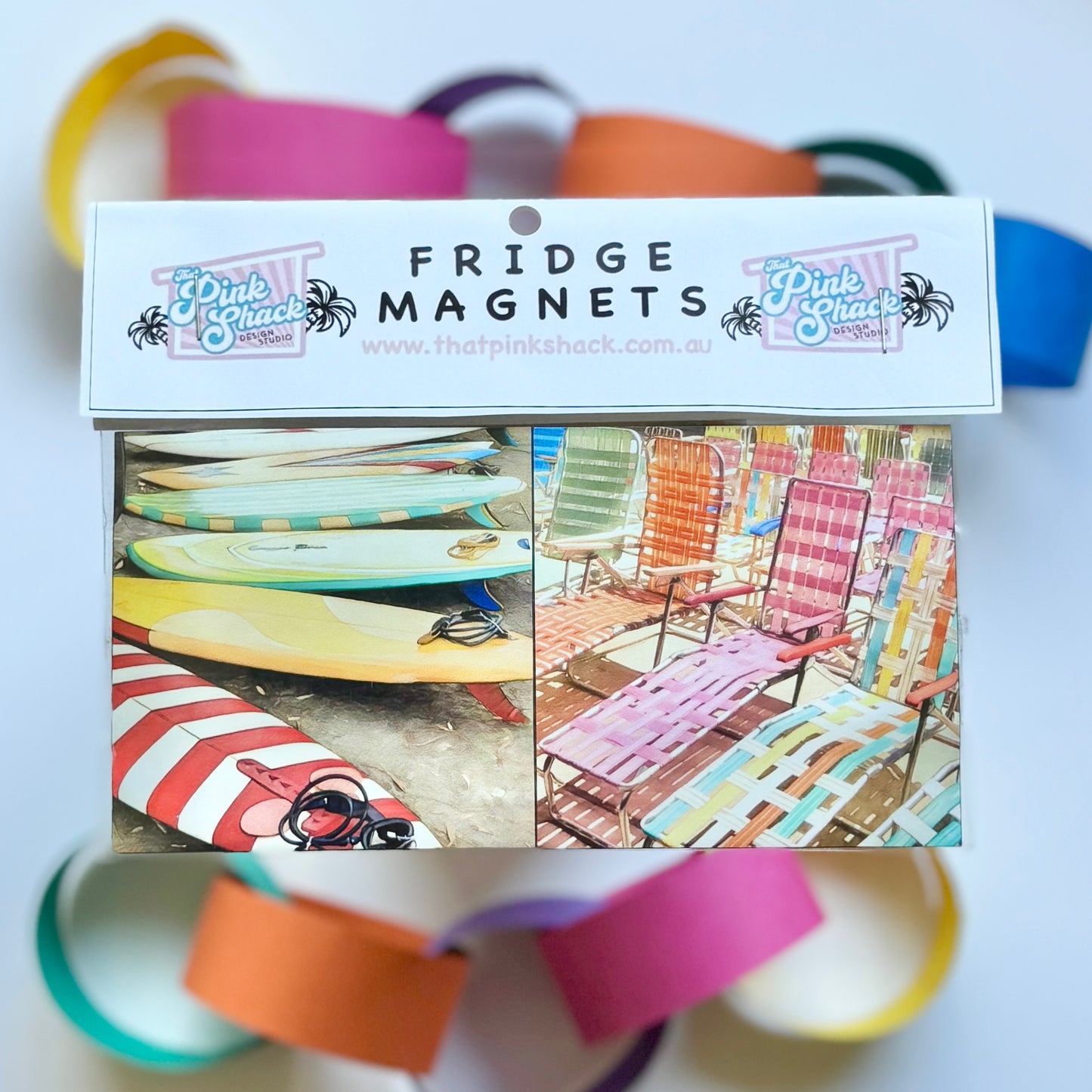 Fridge Magnet Twin Set Vintage Surf surfboards Thatched Banana Lounges beach chairs