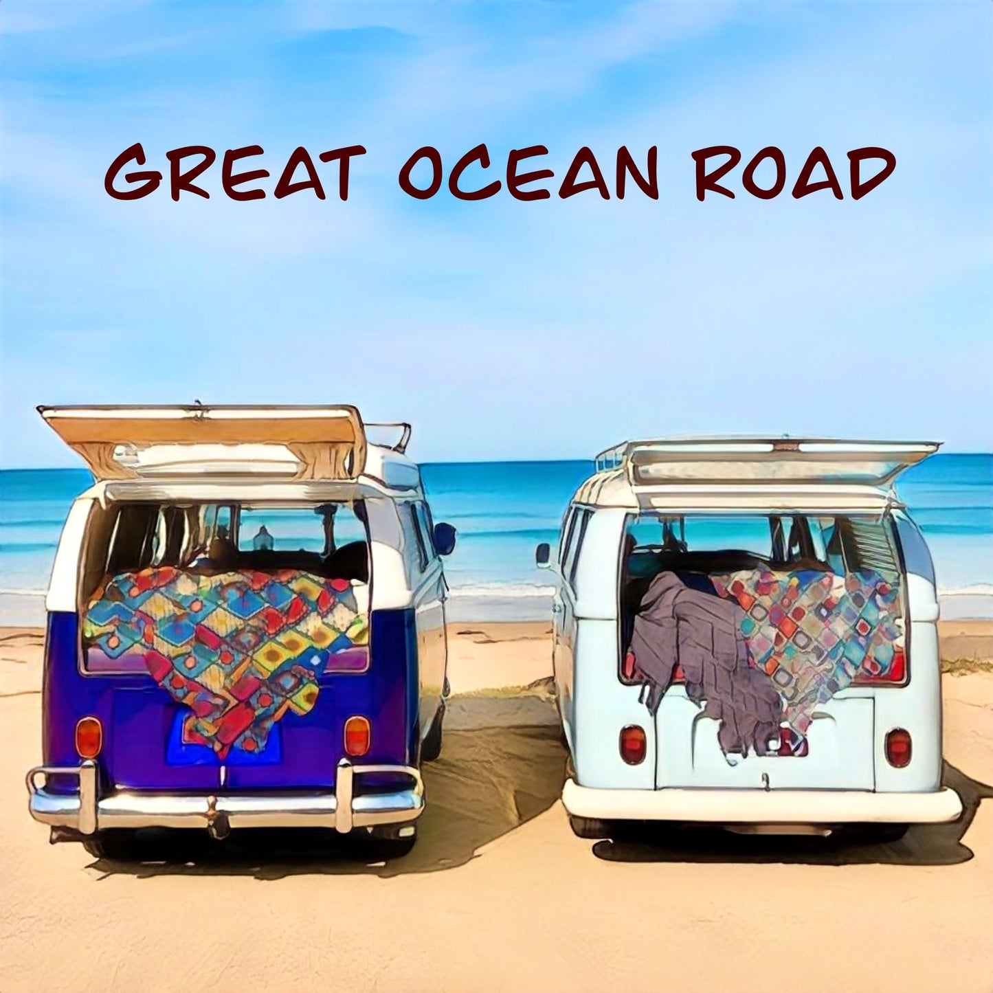 A fridge magnet with two kombis overlooking the beach on the great ocean road