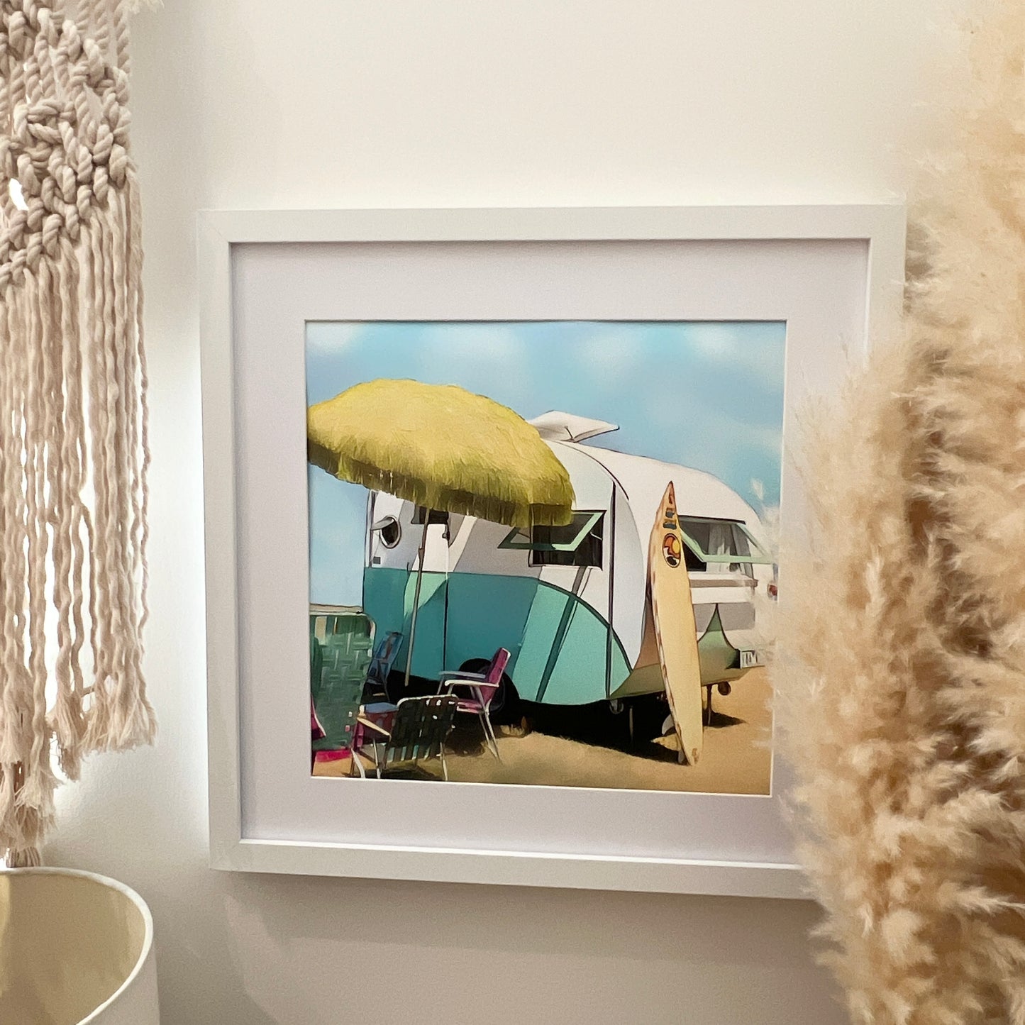Green_Vintage_retro_bond_wood_caravan_trailer_1950_s Umbrella surfboard print in picture in mat framed