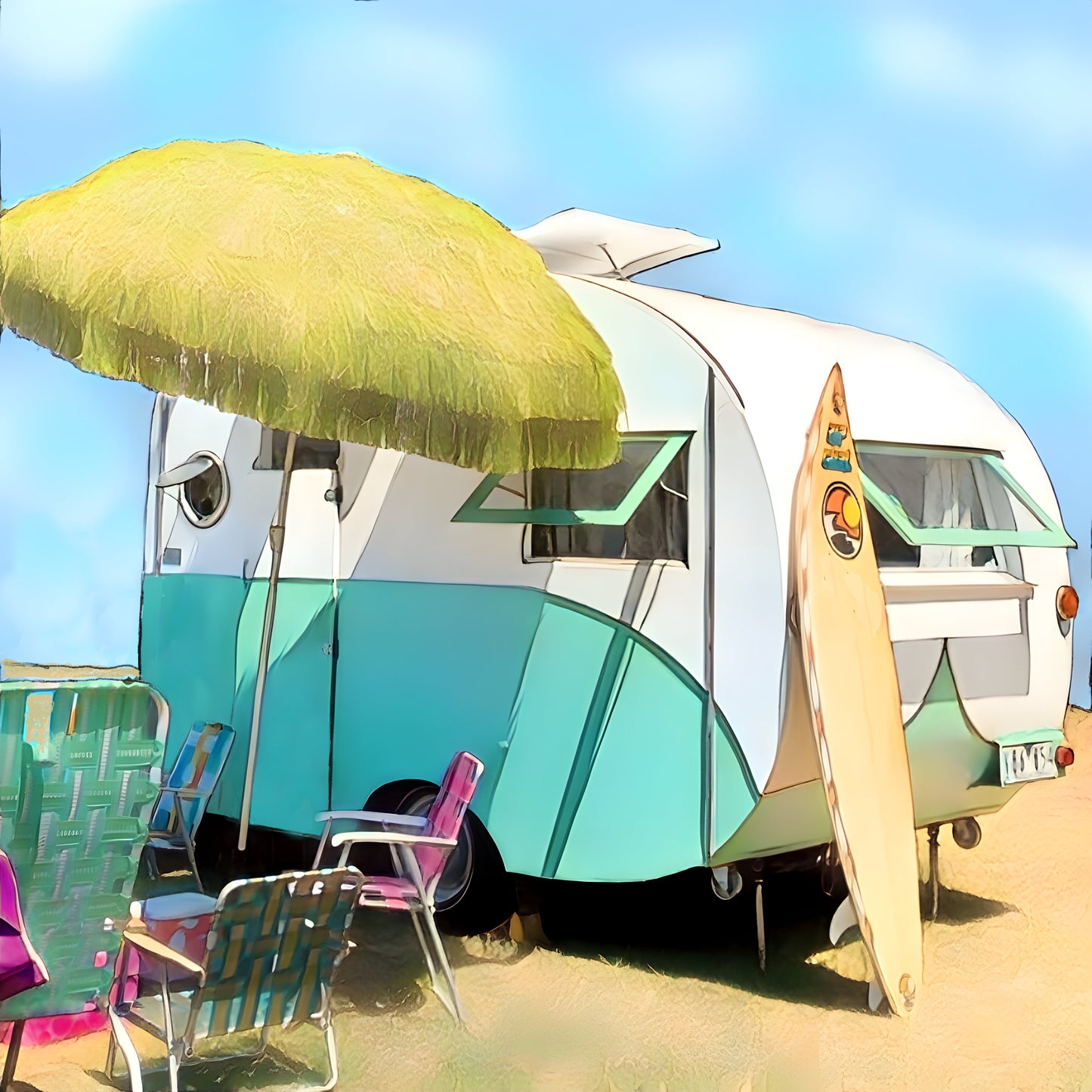 Green_Vintage_retro_bond_wood_caravan_trailer_1950_s_print Umbrella surfboard