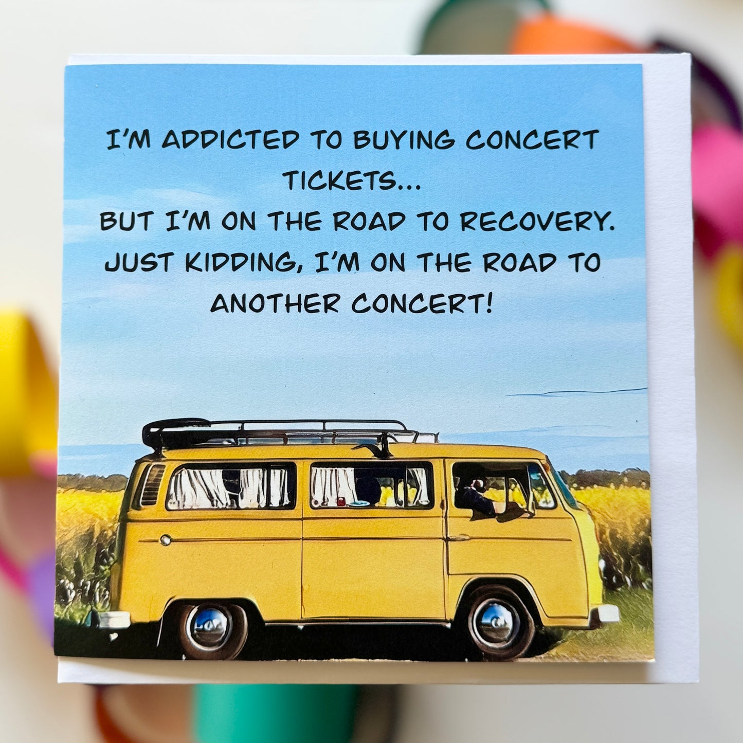 A vw bus kombi headed to a music concert greeting card with envelope