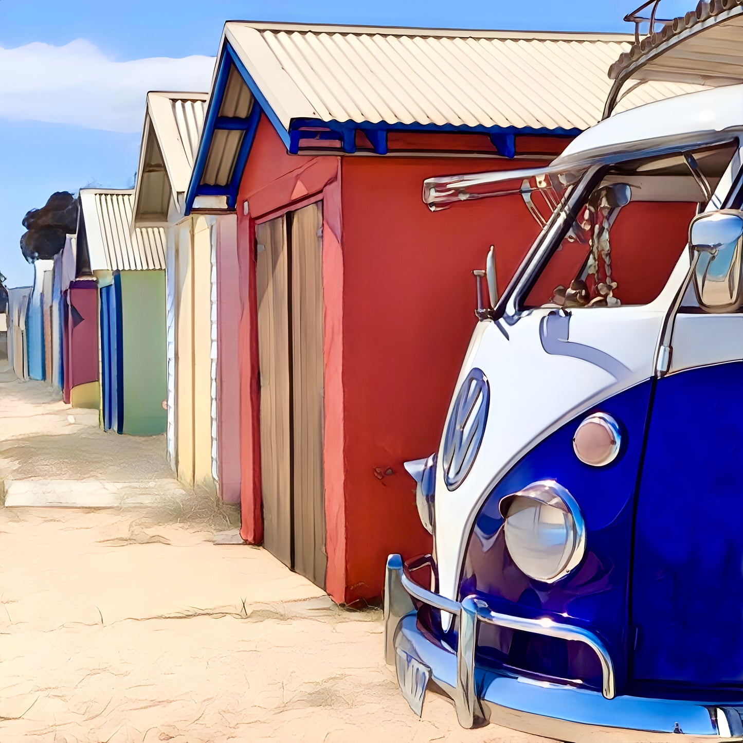 Retro VW bus with classic bathing boxes of The Mornington Peninsula print