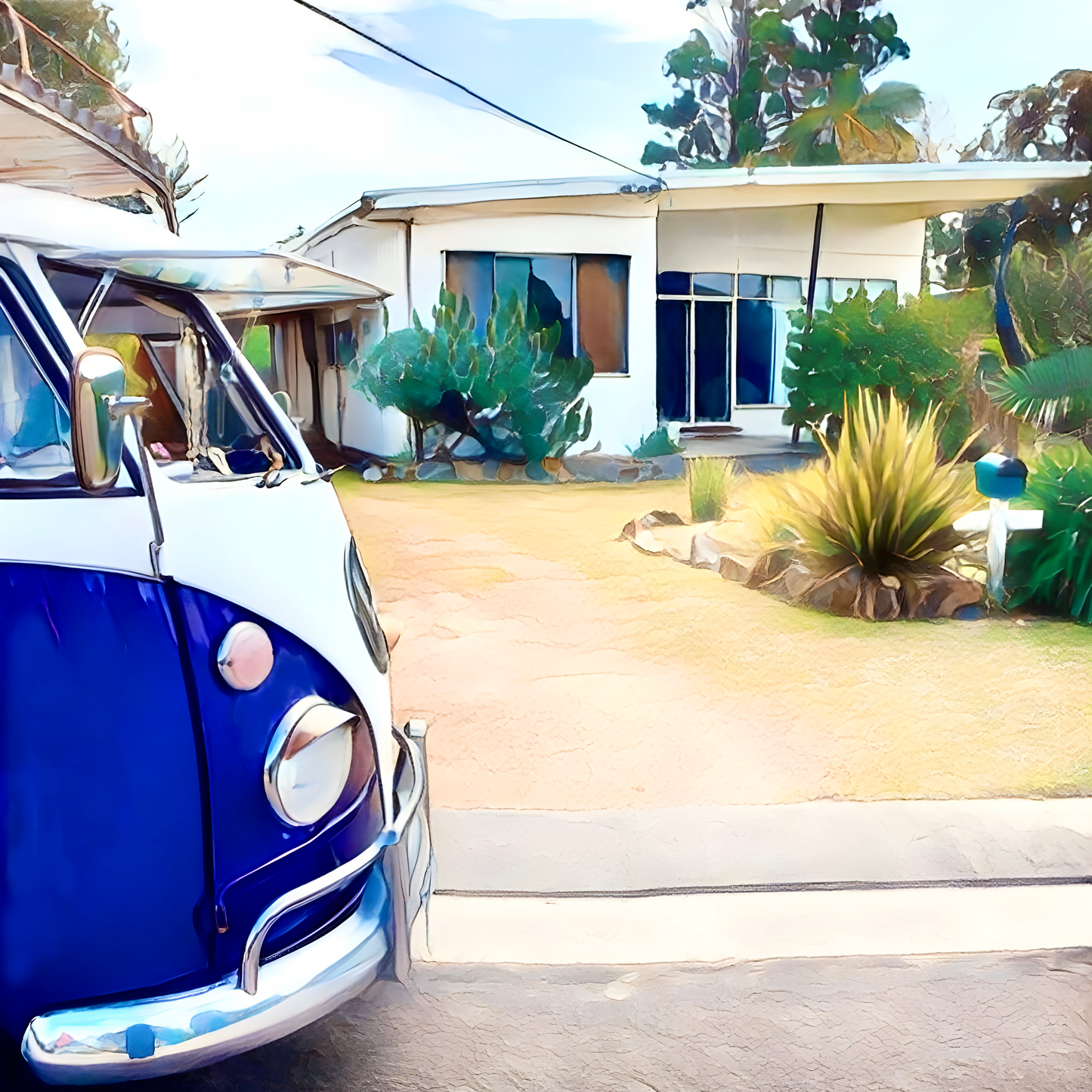 A vintage VW kombi van with a vintage beach shack print