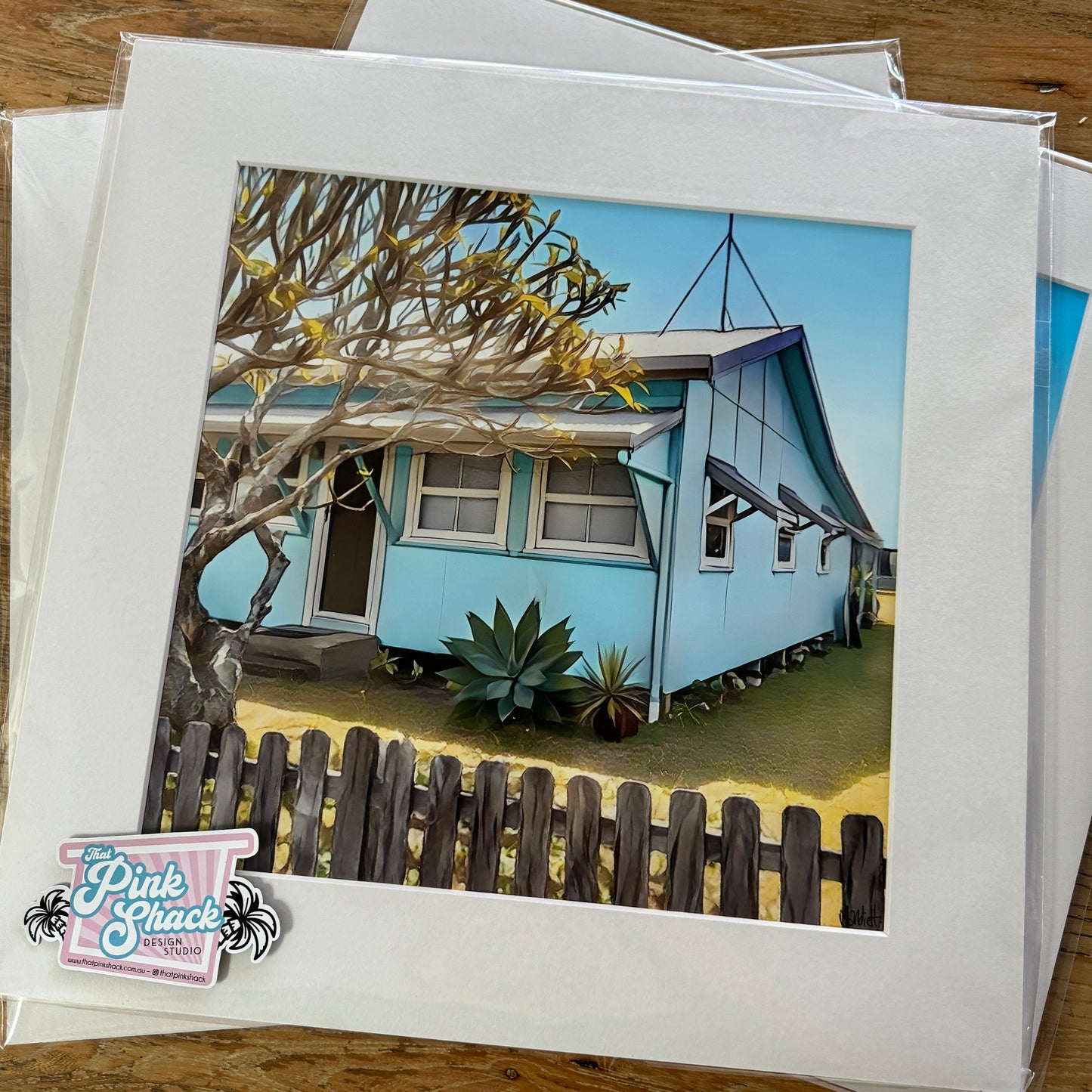 Lennox head beach shack print In white mat 40cm x 40cm