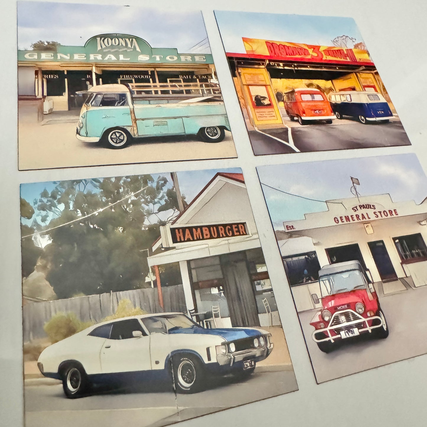 A Set of four Aussie Mornington peninsula iconic spots hamburger shop, St Paul’s general store, Koonya, dromana drive in fridge magnets gift set pack box