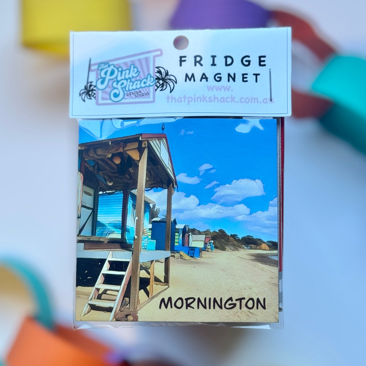 Fridge magnet in packaging of The boatsheds beach boxes at Mornington beach Victoria