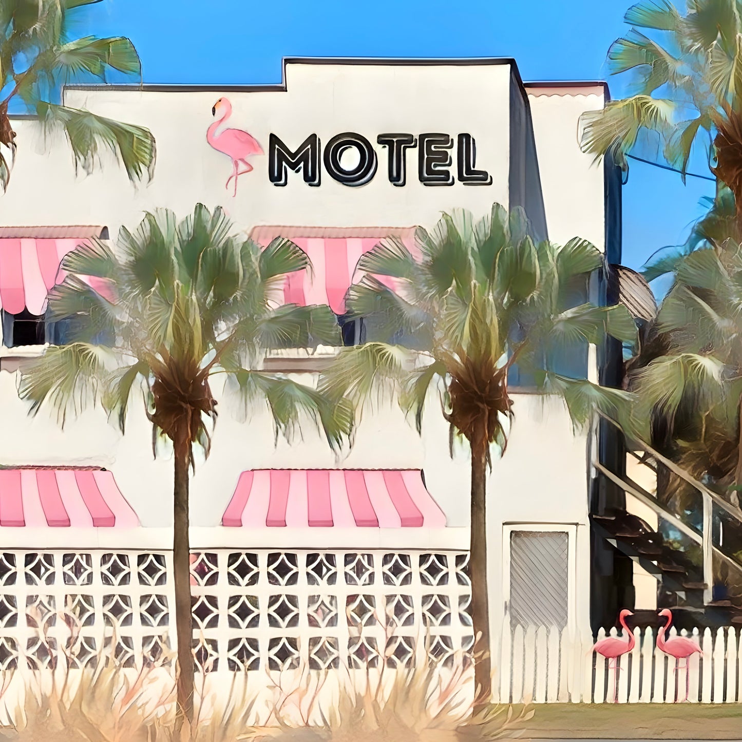 Pink flamingo retro vintage motel with palm trees quality print
