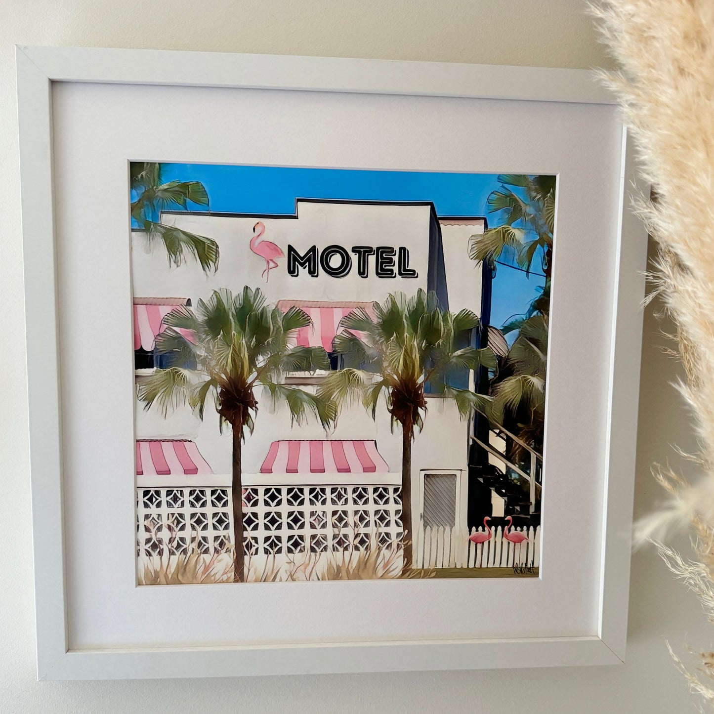 Pink flamingo retro vintage motel with palm trees quality print In frame