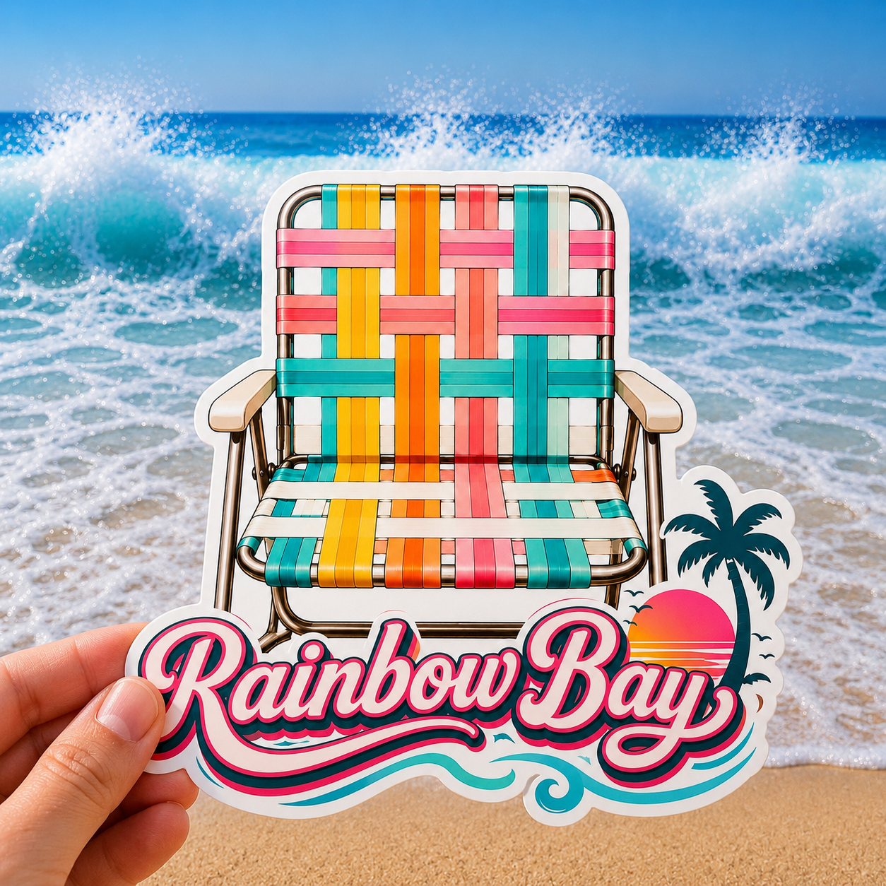 A hand holds a die-cut sticker shaped like a colorful retro beach chair in front of a beach scene with ocean waves and sand. The sticker has the words "Rainbow Bay" in stylized pink and blue lettering with a sunset and palm tree graphic.