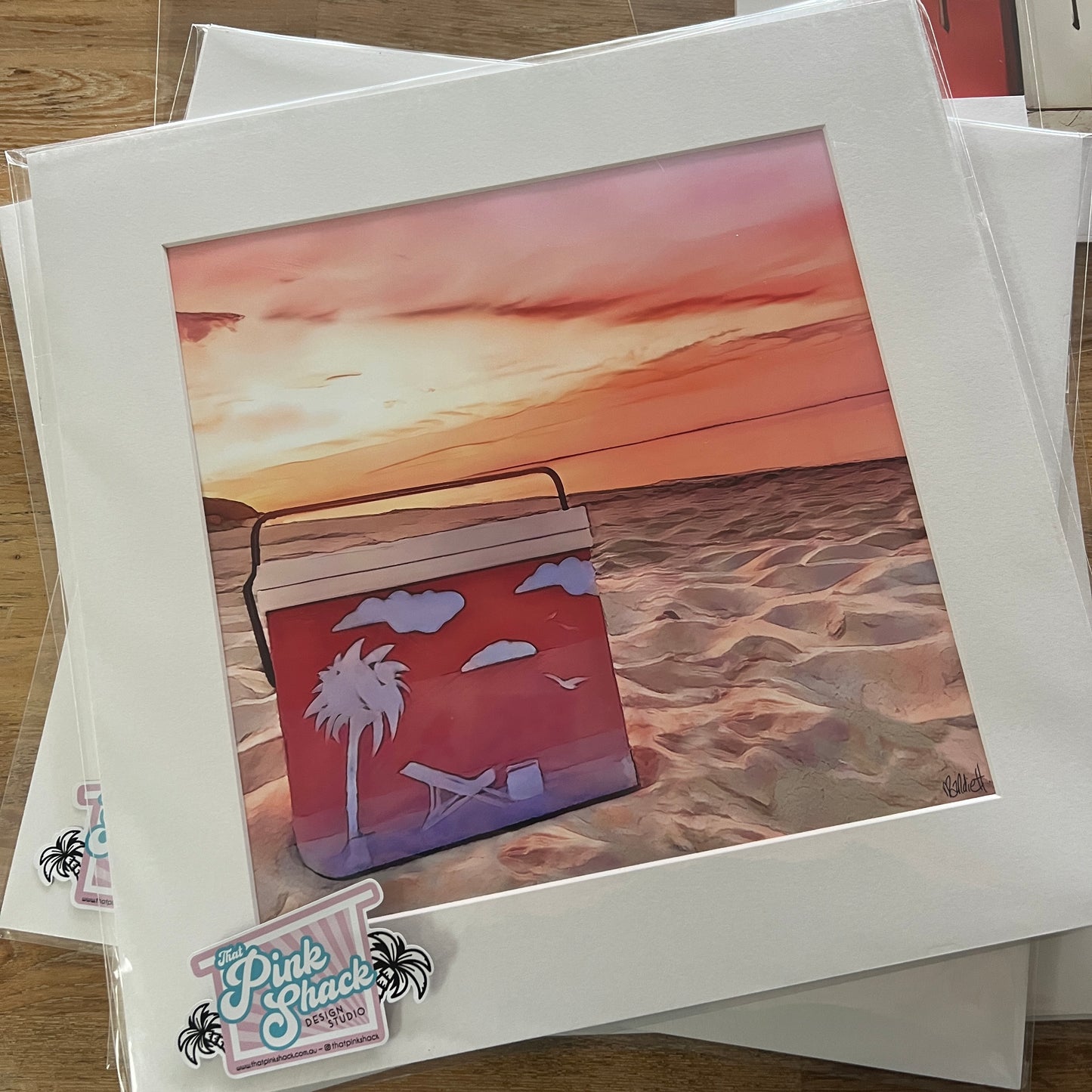 Retro_vintage_esky_cooler_sunset_print_in_white_mat 40cm x 40cm