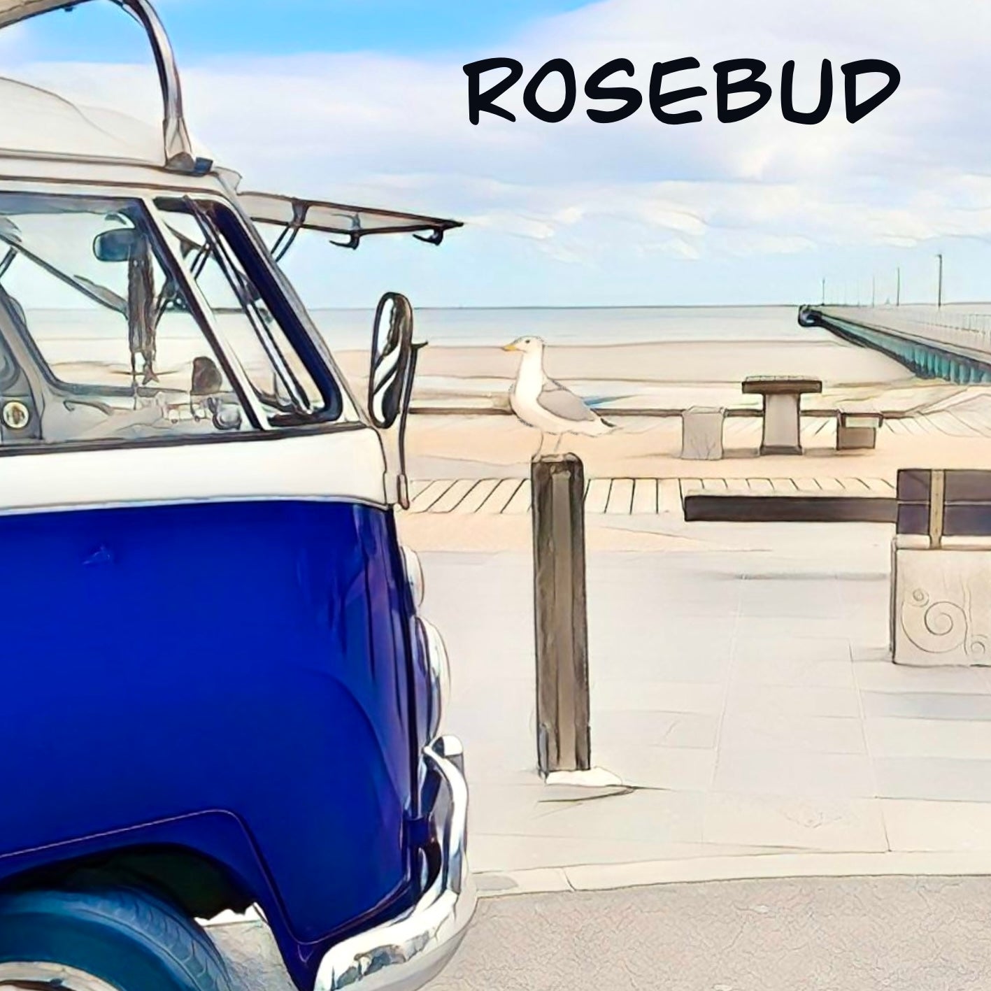 fridge magnet with a vw kombi overlooking the beach and pier at rosebud victoria