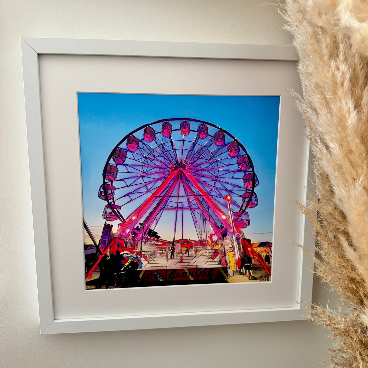 40cm x 40cm framed print with white mat of Rye carnival
