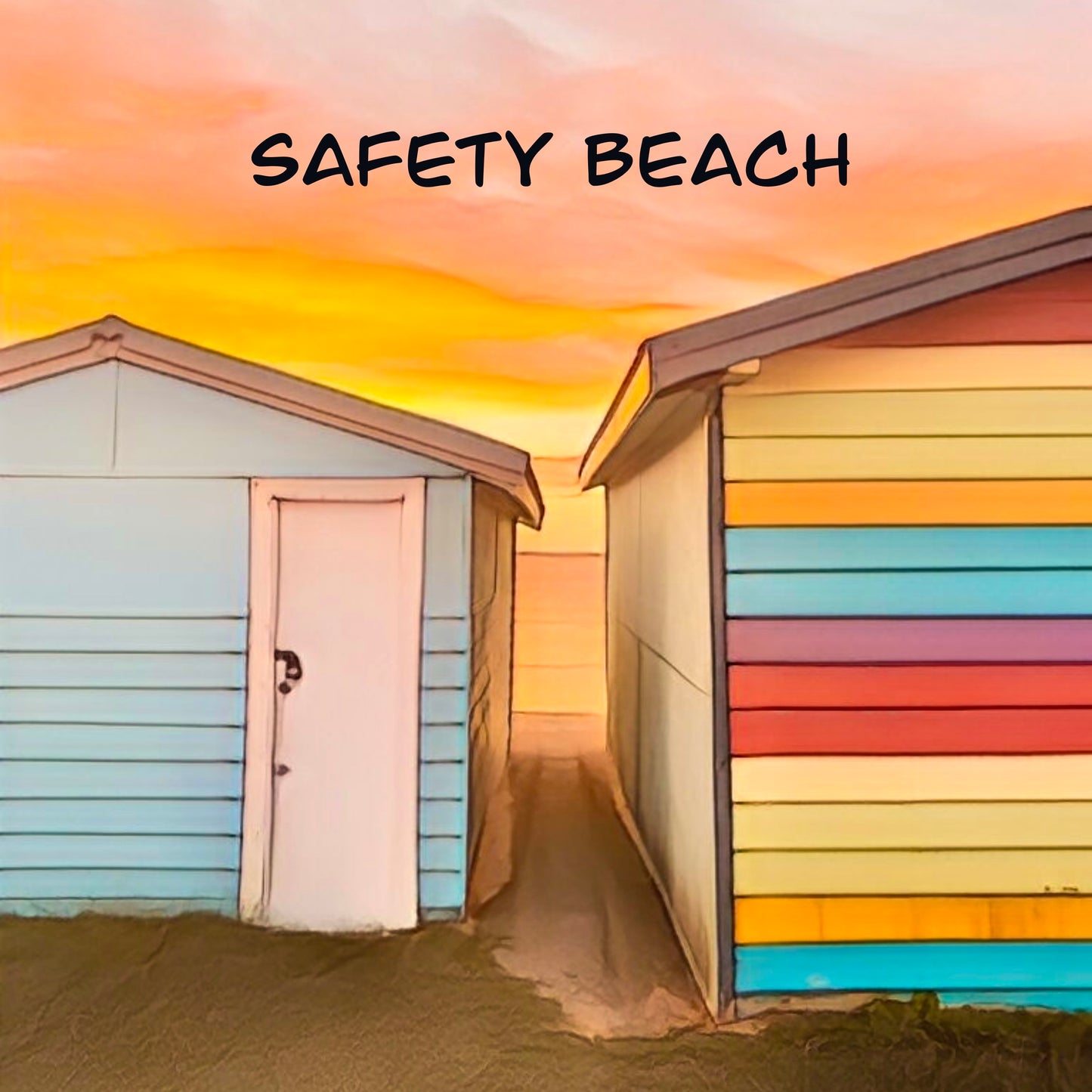 A fridge magnet of two colourful boasheds at sunset at Safety beach on the Mornington peninsula