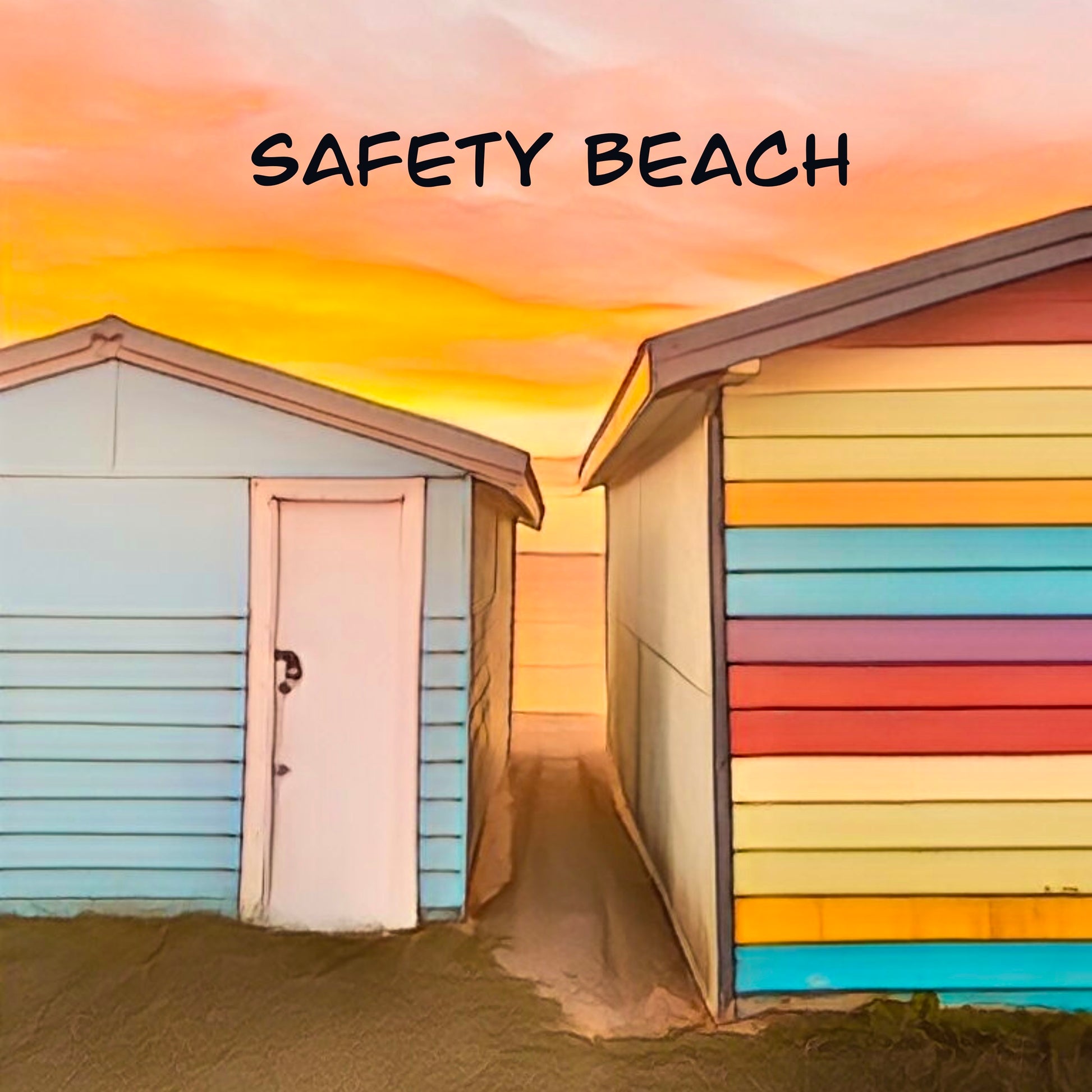 A fridge magnet of two colourful boasheds at sunset at Safety beach on the Mornington peninsula