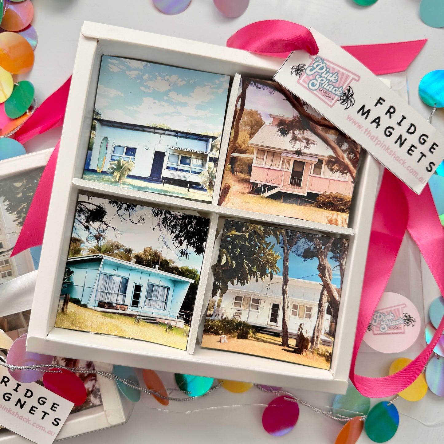 Set of four fridge magnets in a gift box Four fibro beauties Surf shack, Pretty in pink shack, Waratah Bay blue fibro, That White shack