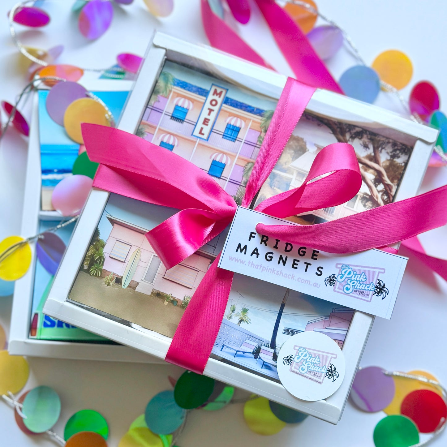 4 retro design magnets the pink hotel pink surf shack pretty in pink shack and the pink motel in a gift box With ribbon