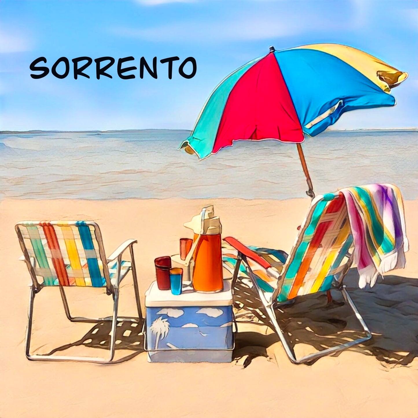 A fridge magnet of sorrento on the mornington peninsula with a vintage beach umbrella and chairs