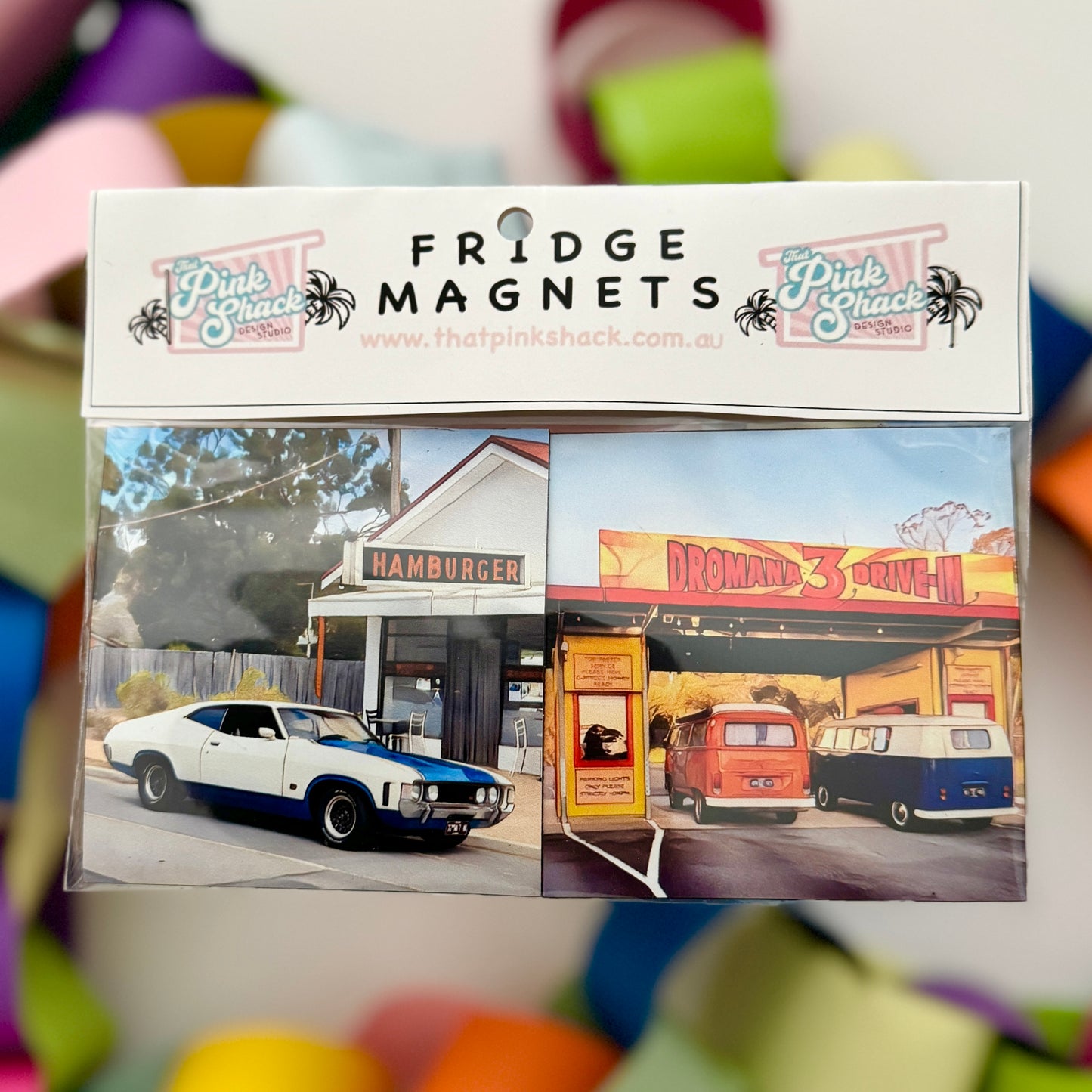 Fridge Magnet Twin Set Hamburger Joint with classic xa ford and Dromana Drive In with two kombis