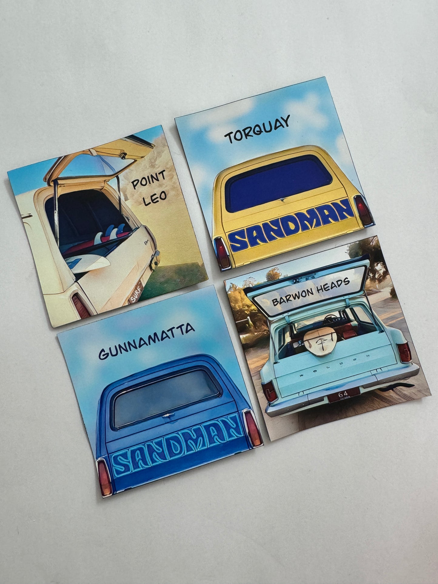 A fun set of classic car related fridge magnets from some fave Victorian surf spots Point Leo, Torquay, Gunnamatta, Barwon Heads