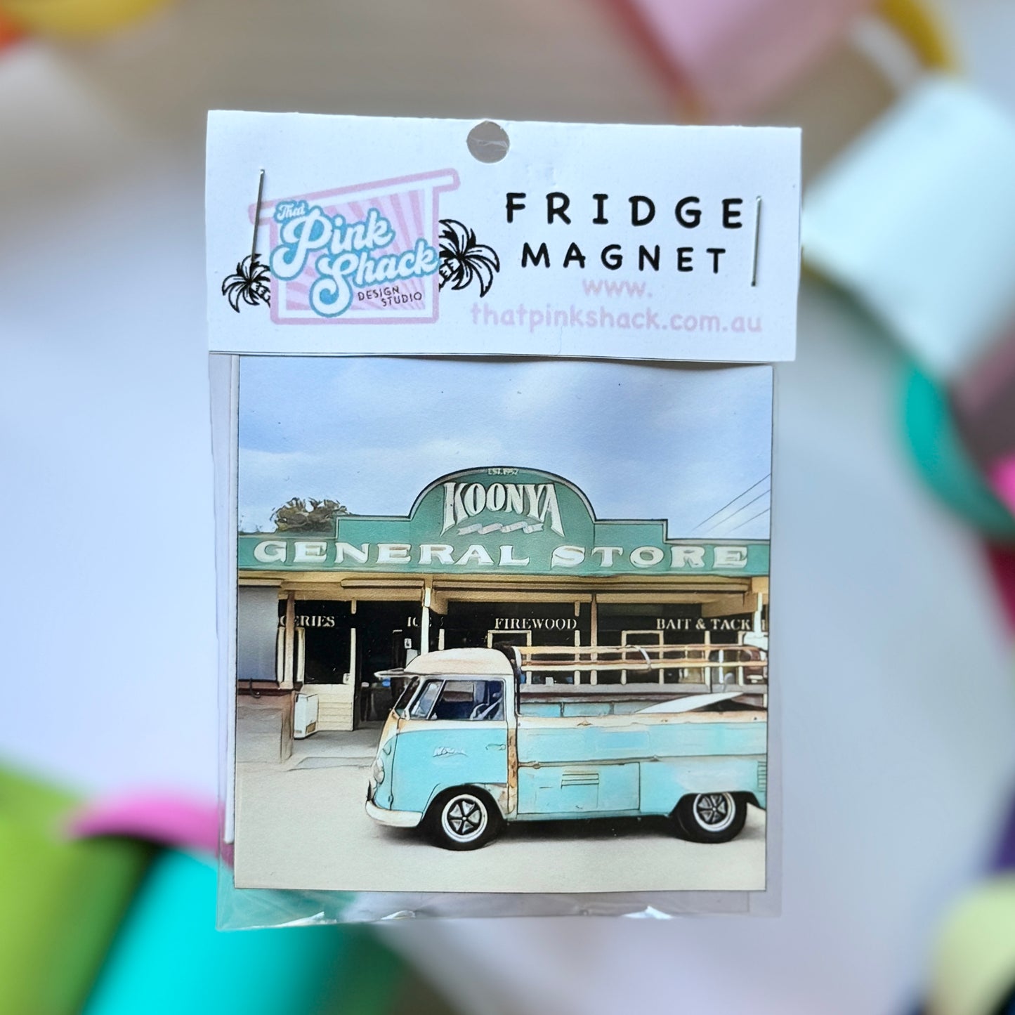 A fridge magnet with a classic Kombi vw Ute parked outside koonya general store on the Mornington peninsula in packaging