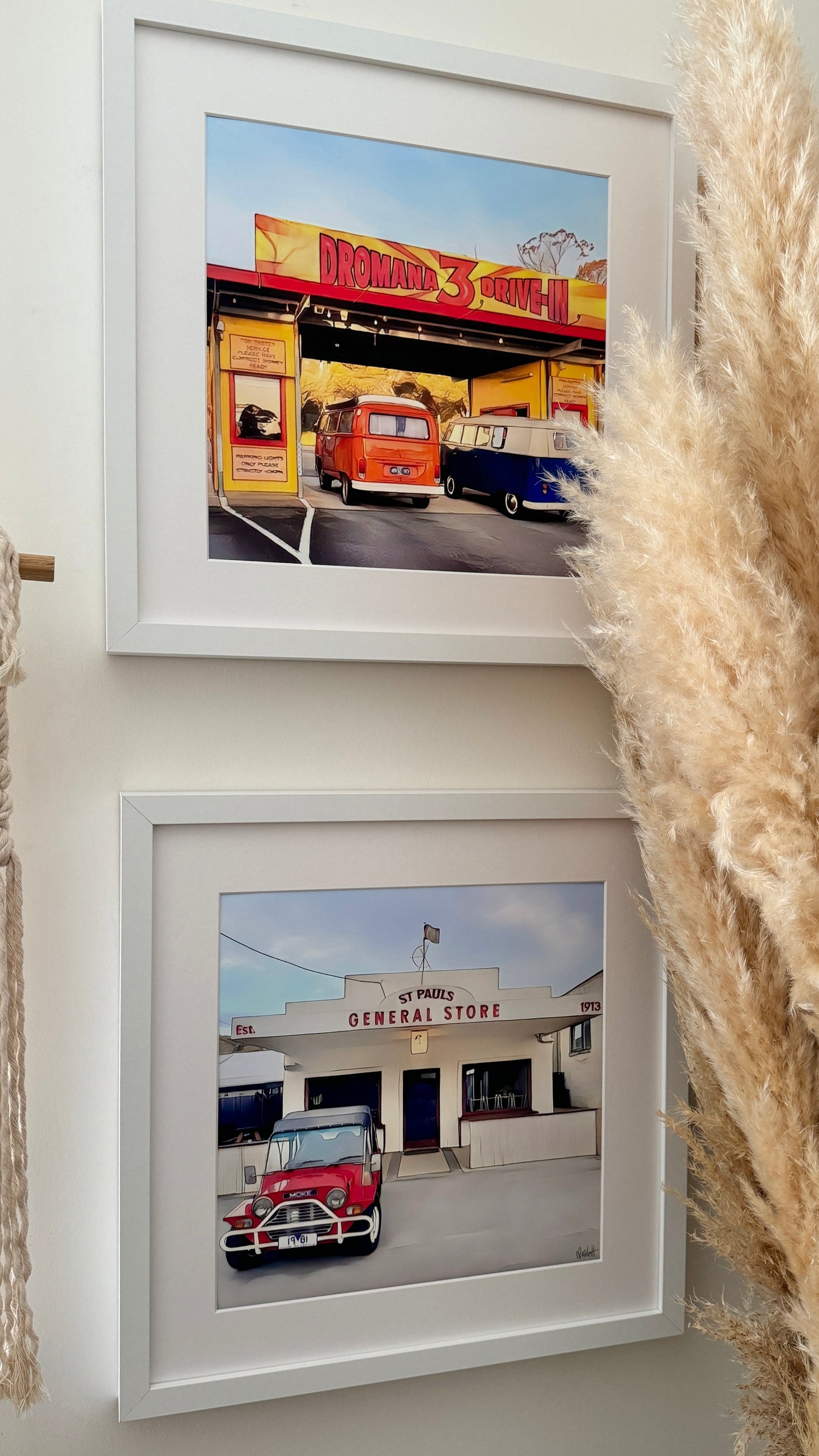 40cm x 40cm prints of the dromana drive in and St Paul’s general store in mat with white frames Mornington peninsula