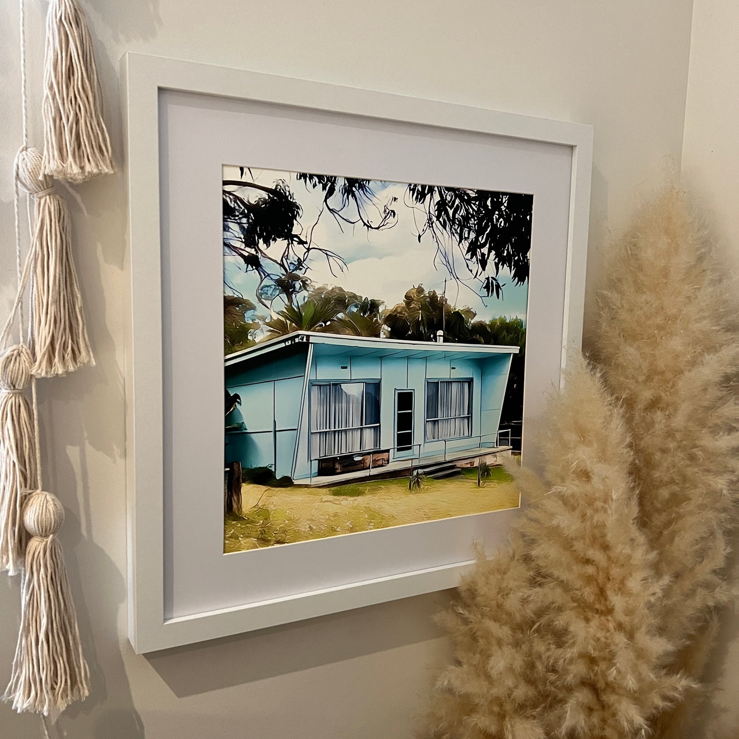 An original mid century blue beach shack in Waratah Bay print picture In mat