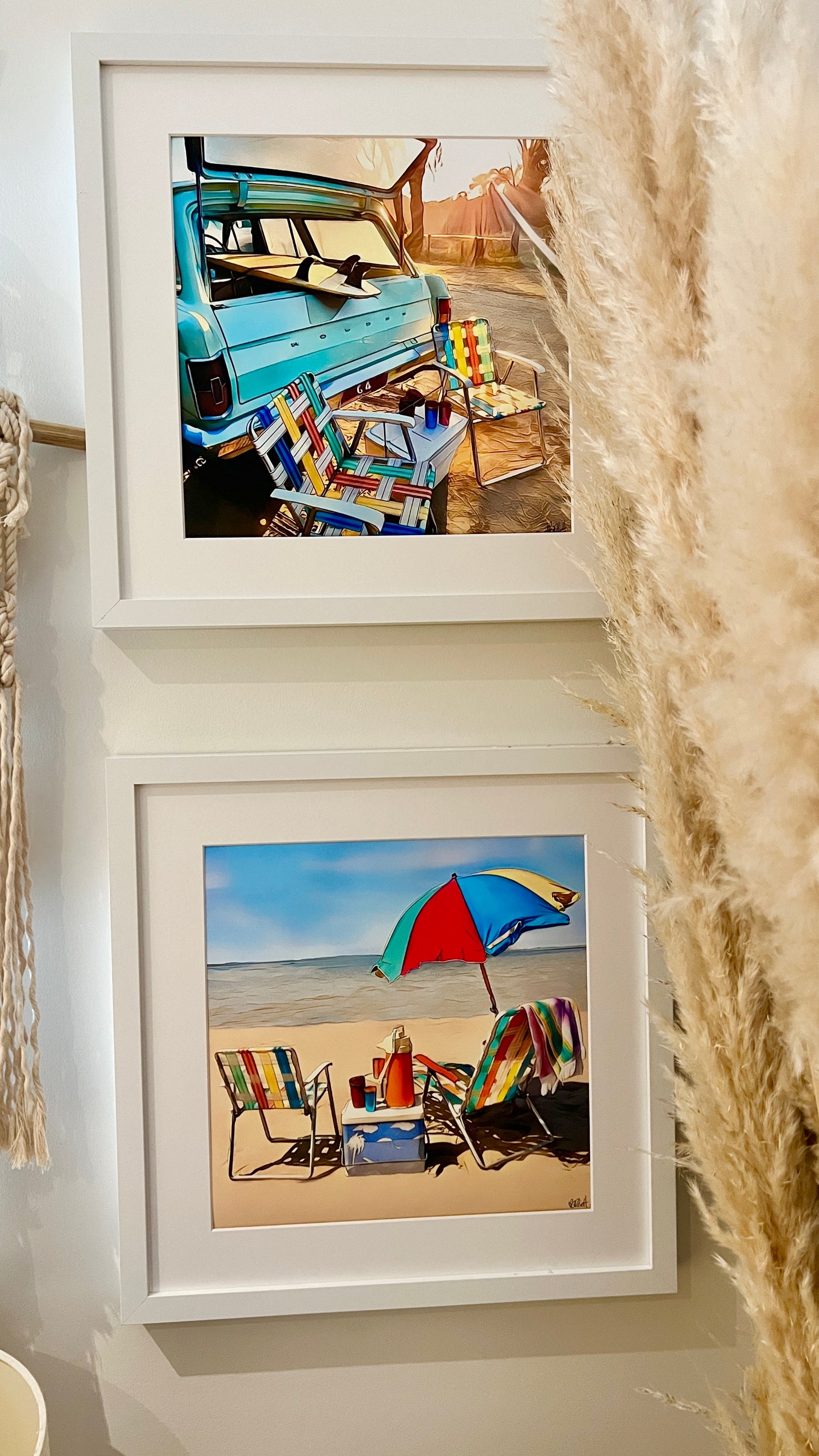 Bright colourful camp chairs, esky and beach umbrella sitting on the beach print And a classic eh Holden with colourful chairs framed prints