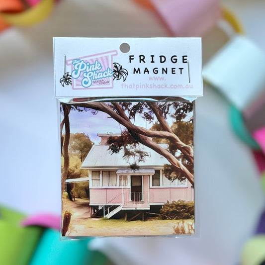 A classic pink fibro beach shack n the mornington peninsula fridge magnet in packaging