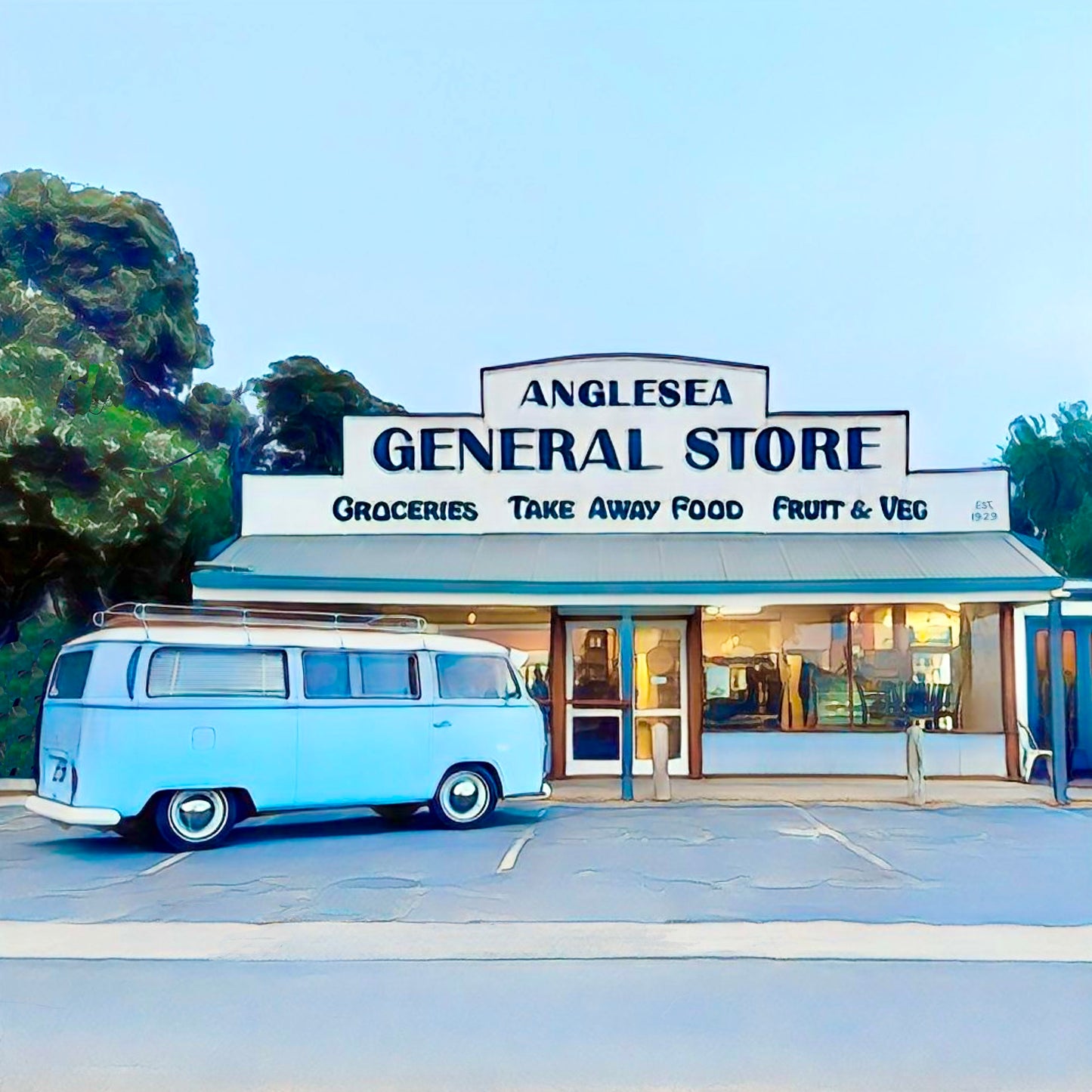 Anglesea_general_store_with_blue kombi_parked out the front high  quality print