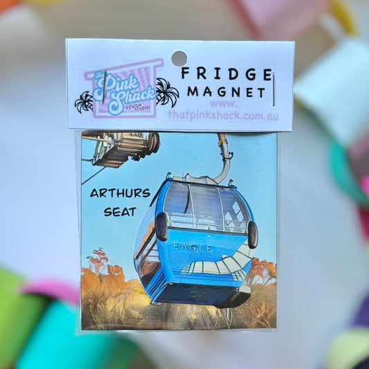 A fridge magnet with Arthur’s seat eagle gondola overlooking the Mornington peninsula in packaging 