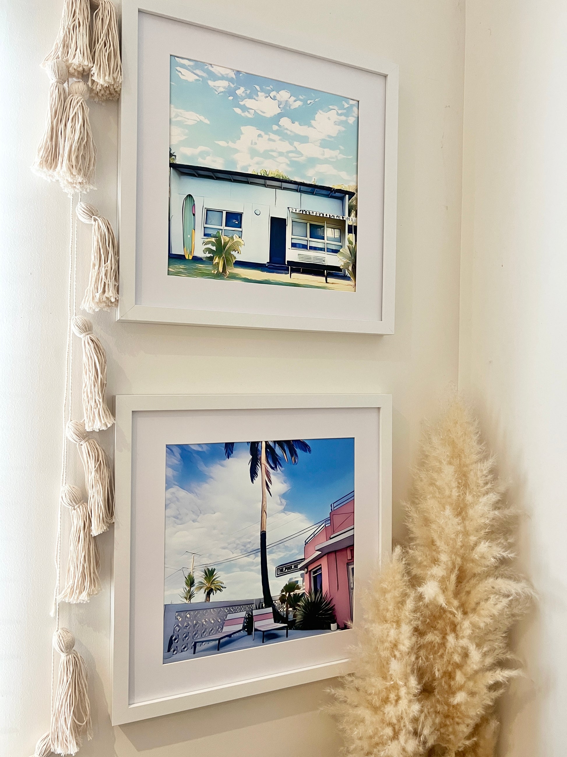 Fibro surf beach shack and pink hotel retro motel framed print