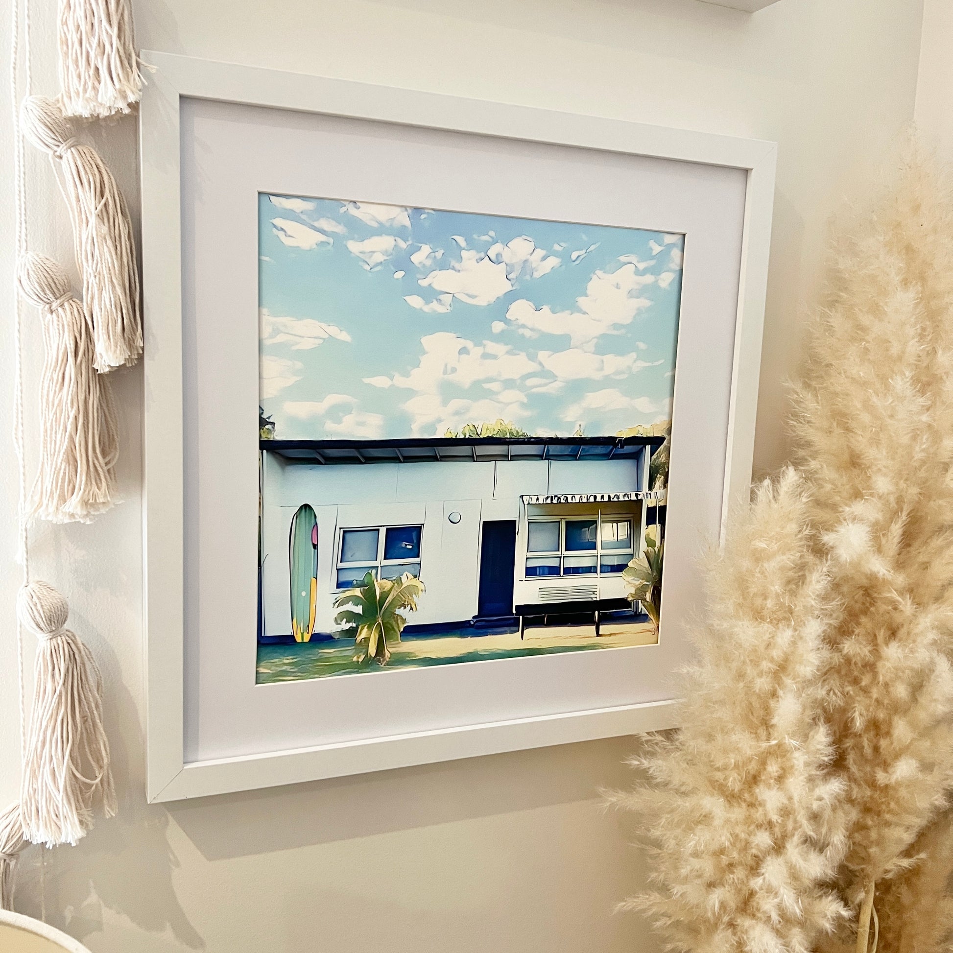Aussie australian Fibro retro surf beach  shack with surfboard print picture In mat framed