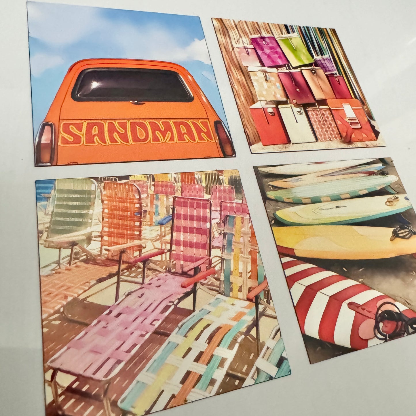 4 retro fridge magnet designs featuring  orange Holden sandman , vintage eskies , vintage camp chairs and vintage surfboards
