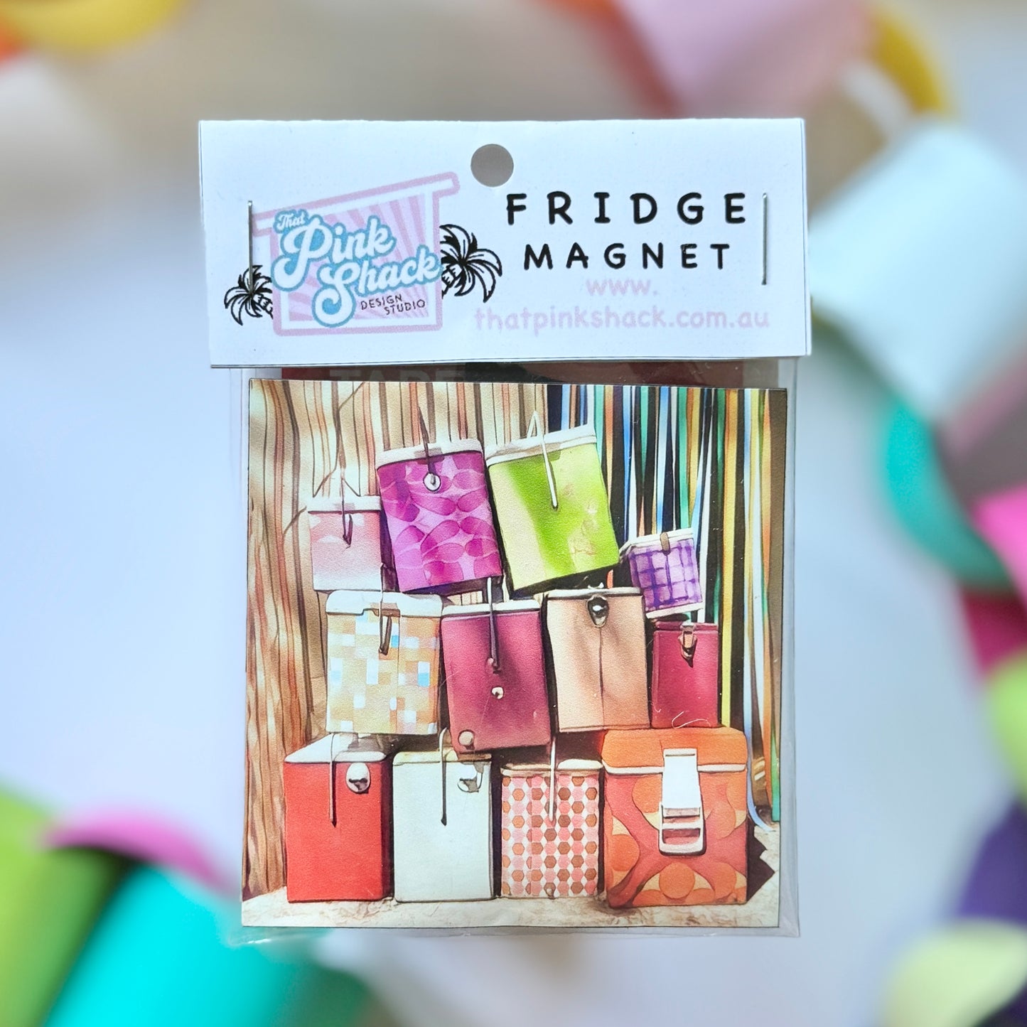 A bunch of vintage retro eskies staked on top of each other outside a caravan annexe fridge magnet in packaging