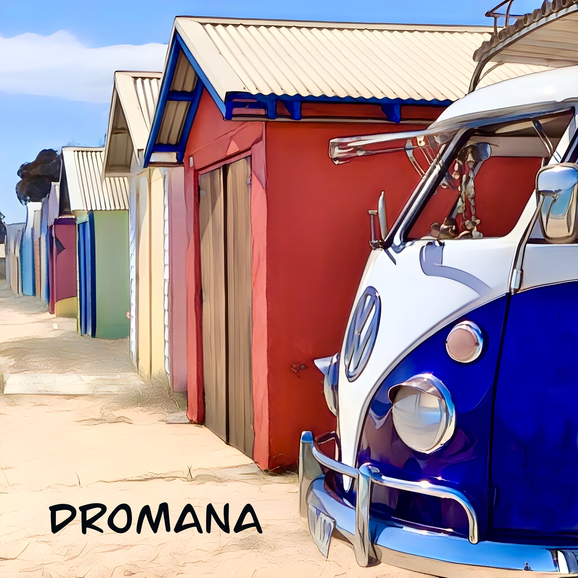A fridge magnetwith a Volkswagen kombi van parked next to boat shed beach box on the Mornington peninsula